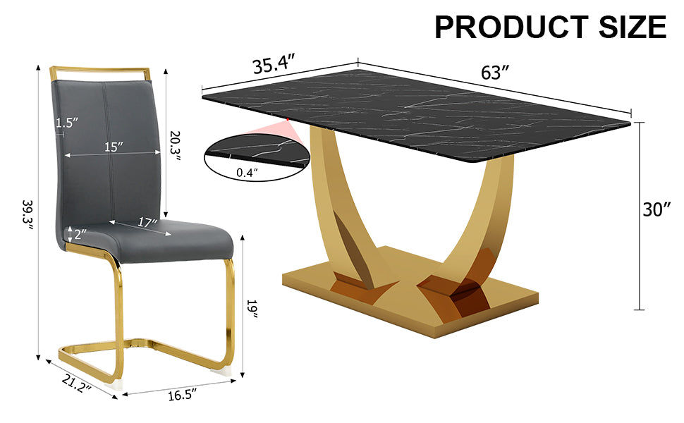 Table And Chair Set.Modern Rectangular Dining Table With Black Textured Stickers Glass Tabletop And Gold Plated Metal Legs.Paried With 4 Comfortable Chairs With Pu Seats And Golden Metal Legs. Dark