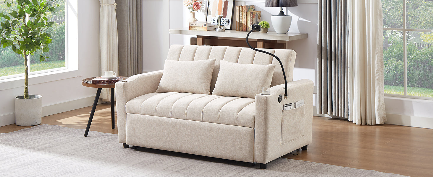 55.9" Convertible Sofa Bed Loveseat Sofa With Three Usb Ports, Two Side Pockets, Two Cup Holders And 360 Swivel Phone Holder For Living Room, Beige Beige Foam Polyester