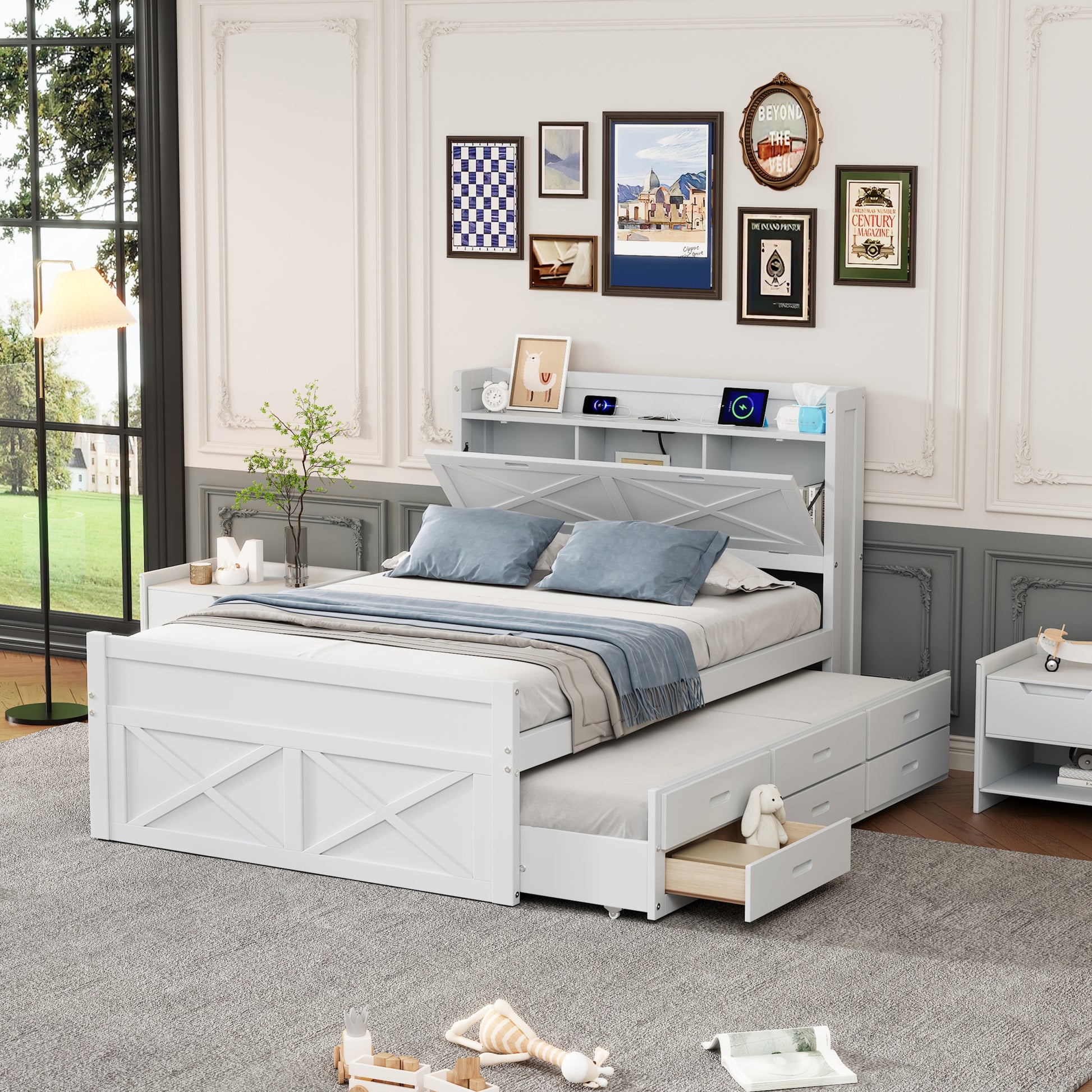 Full Size Wooden Bed With Storage Headboard With Outlets, Extendable Bed With Twin Size Trundle With Three Storage Drawers,White Full White Wood