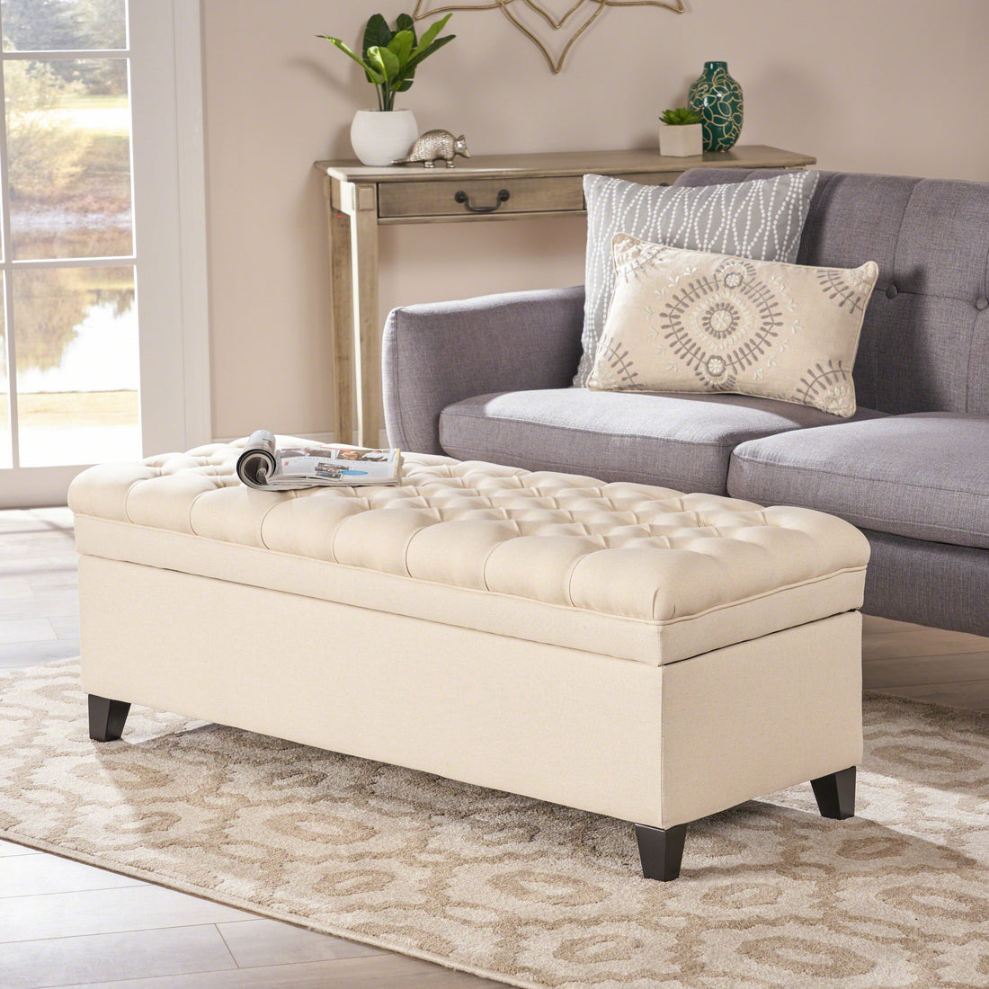 Juliana Storage Ottoman Beige Fabric