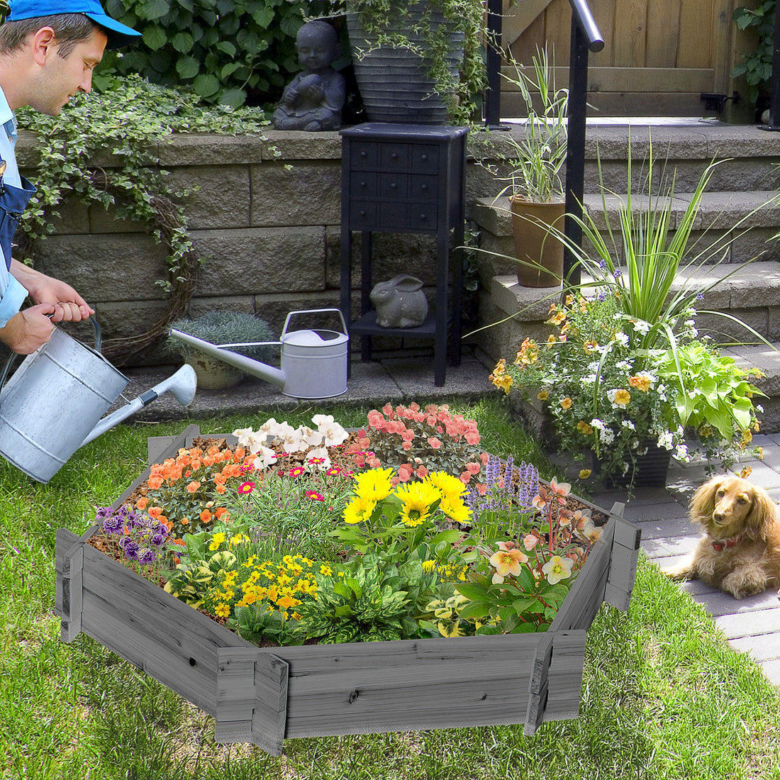 Outsunny Wooden Raised Garden Bed, Hexagon Screwless Planters For Outdoor Plants, Vegetables, Flowers, Herbs, 39" X 36" X 6", Gray Gray Wood