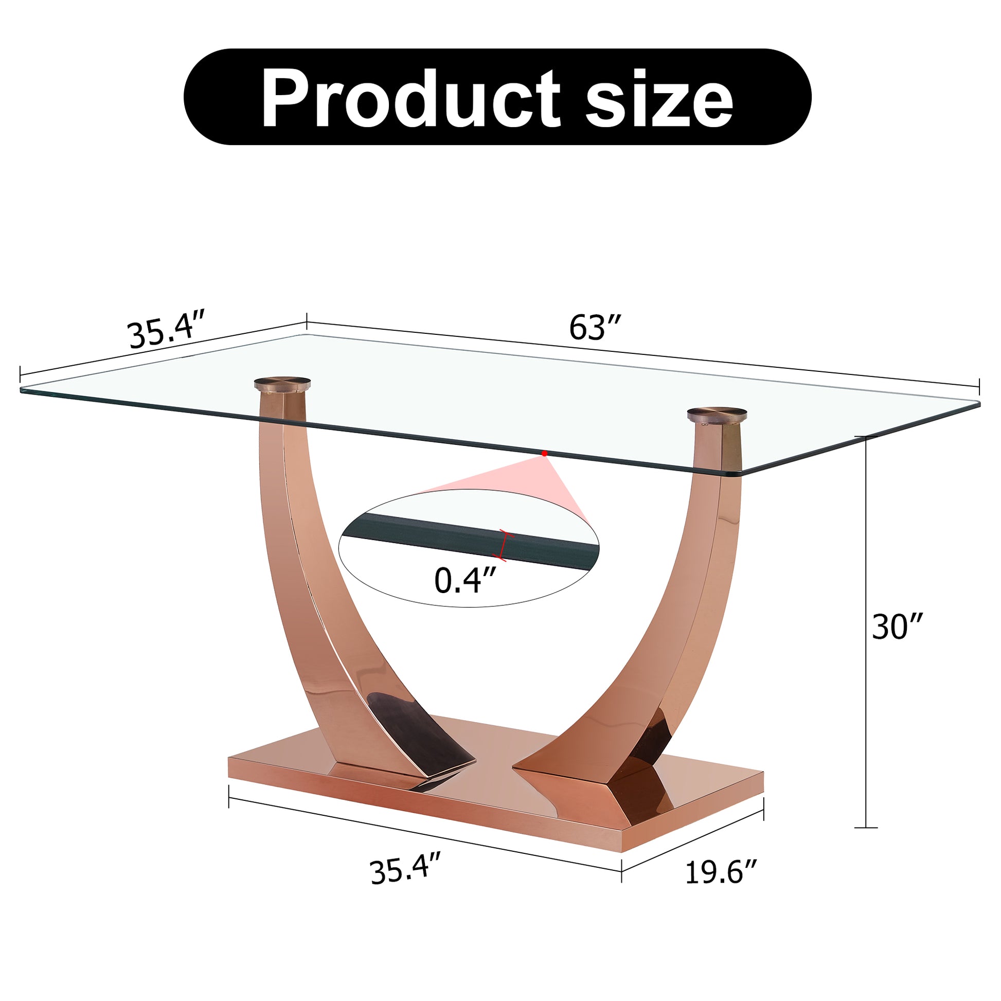 Modern Minimalist Rectangular Glass Dining Table, 0.4 "Thick, Tempered Glass Tabletop, Rose Gold Colored Legs. Used In Kitchen, Dining Room, And Living Room 63" * 31.5 "* 29.5" F 1548 Rose Gold Glass