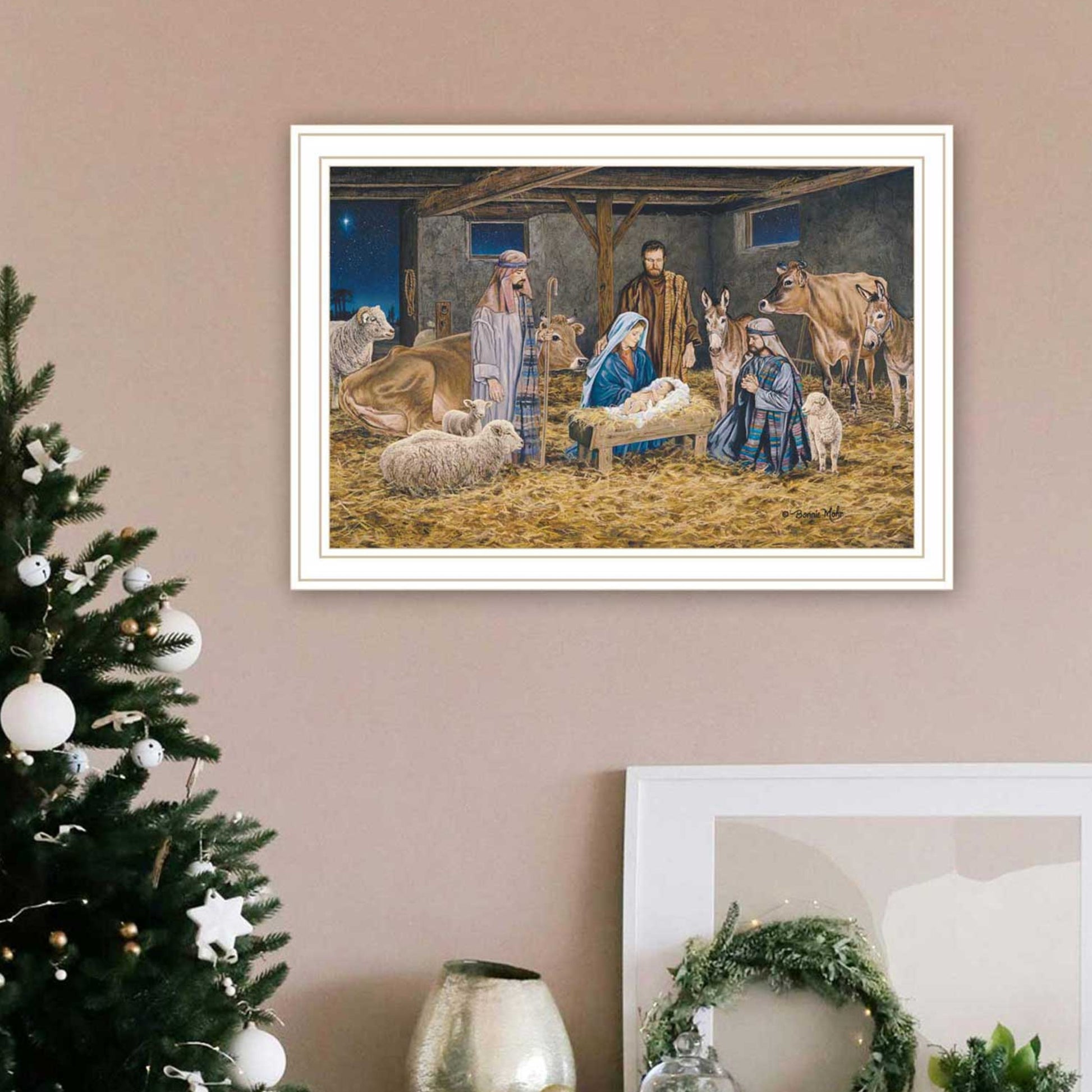 The Greatest Gift Of All The Birth Of Christ White Framed Wall Art For Living Room, Nativity Wall Art Print For Home Decor, Bedroom Wall Art By Bonnie Mohr Multicolor Wood Paper
