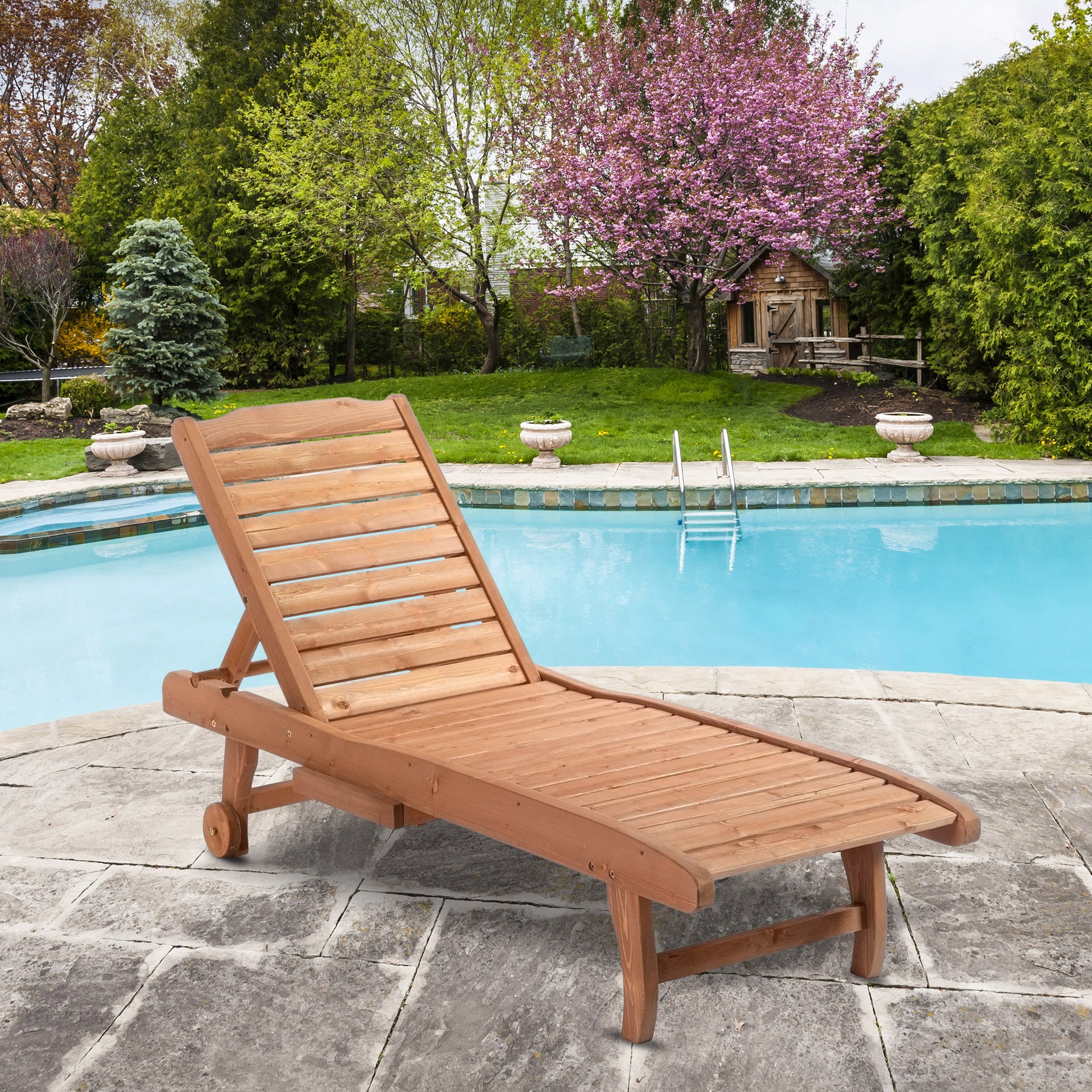 Outsunny Outdoor Chaise Lounge Pool Chair, Built In Table, Reclining Backrest For Sun Tanning Sunbathing, Rolling Wheels, Red Wood Look Natural Wood Wood