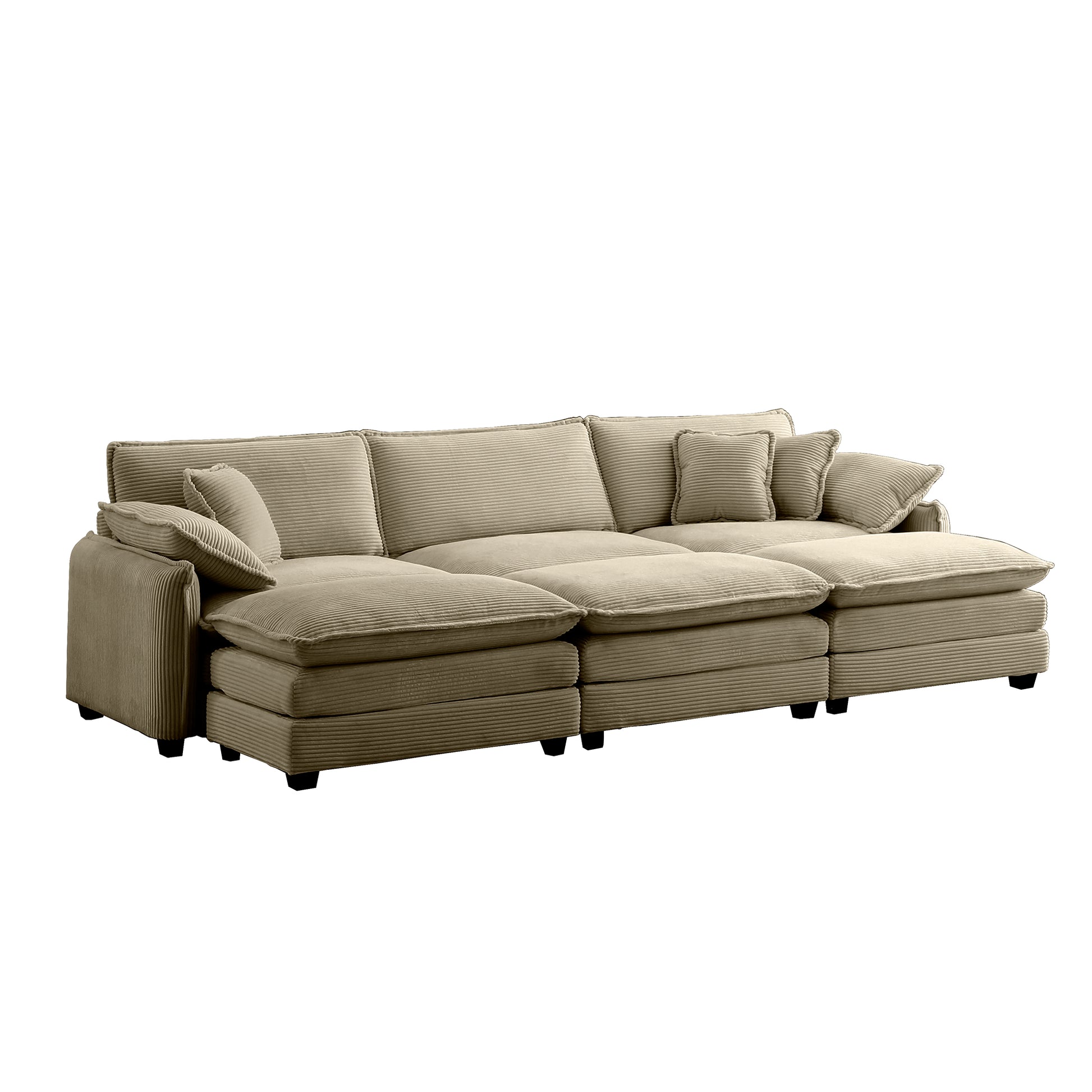Oversized Modular Cushioned Sofa,With 3 Ottomans To Work As Sleeper Sofa Beds, 3 Seater Sofa With 3 Footstools,Tan Corduroy Fabric Tan Corduroy 3 Seat