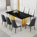 Table And Chair Set.The Table Has A Glass Top With Imitation Marble Pattern Stickers And Stainless Steel Golden Legs. Paried With Chairs With Pu Artificial Leather Backrest Cushions And Black Legs. Black Gold Seats 8 Glass Metal