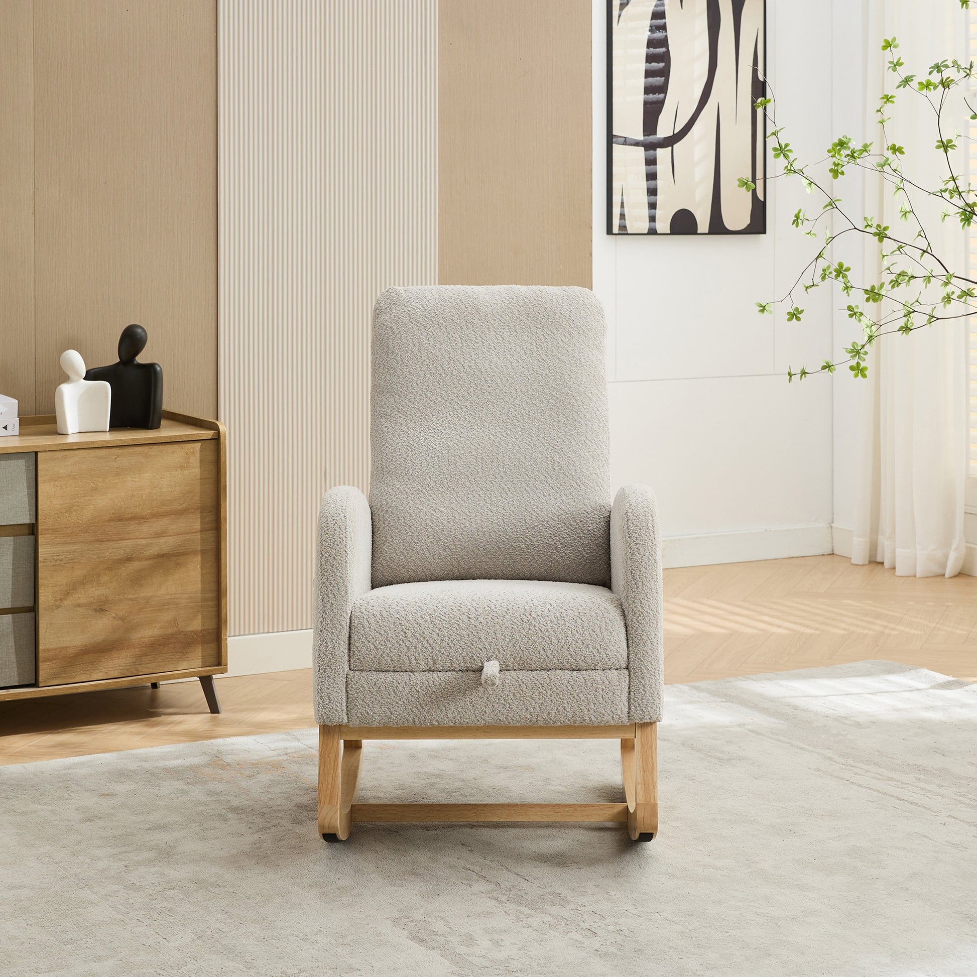 25.4"W Rocking Chair For Nursery, High Back Glider Chair With Retractable Footrest, Side Pocket, Rocking Accent Armchair With Rubber Wood Legs For Living Room Bedroom.Light Gray Light Gray Boucle