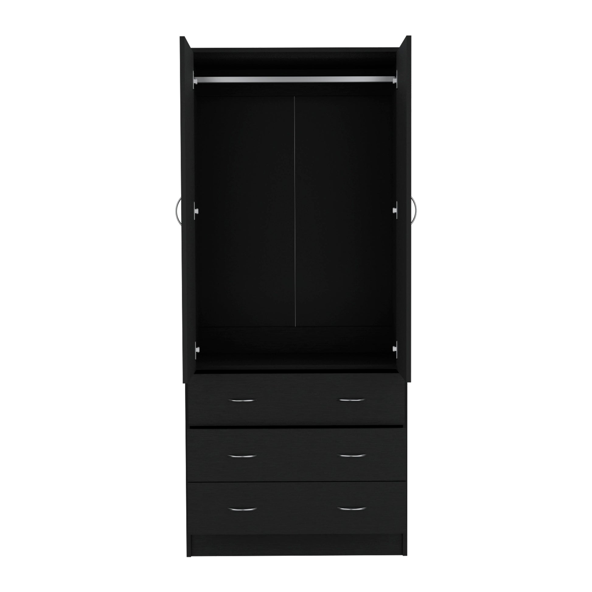 Armoire 71" H, With 2 Doors, 3 Drawers And 1 Hanging Rod, Black Black Solid Wood Mdf Engineered Wood