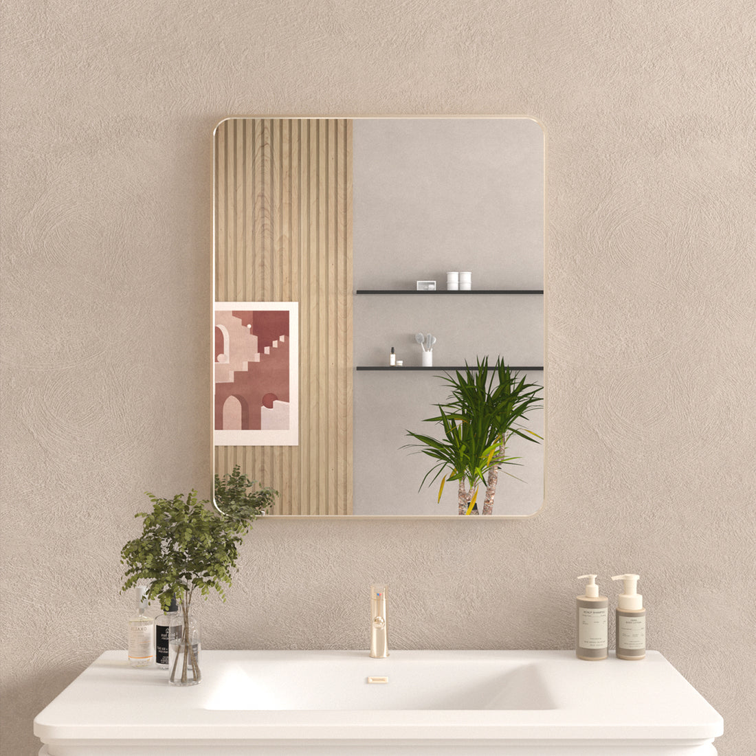 30X36 In. Aluminum Framed Rounded Rectangle Bathroom Wall Mirror, Brushed Nickel Bathroom Vanity Mirror Farmhouse, Anti Rust, Tempered Glass Mirrors, Hangs Horizontally Or Vertiy Brushed Nickel Aluminum