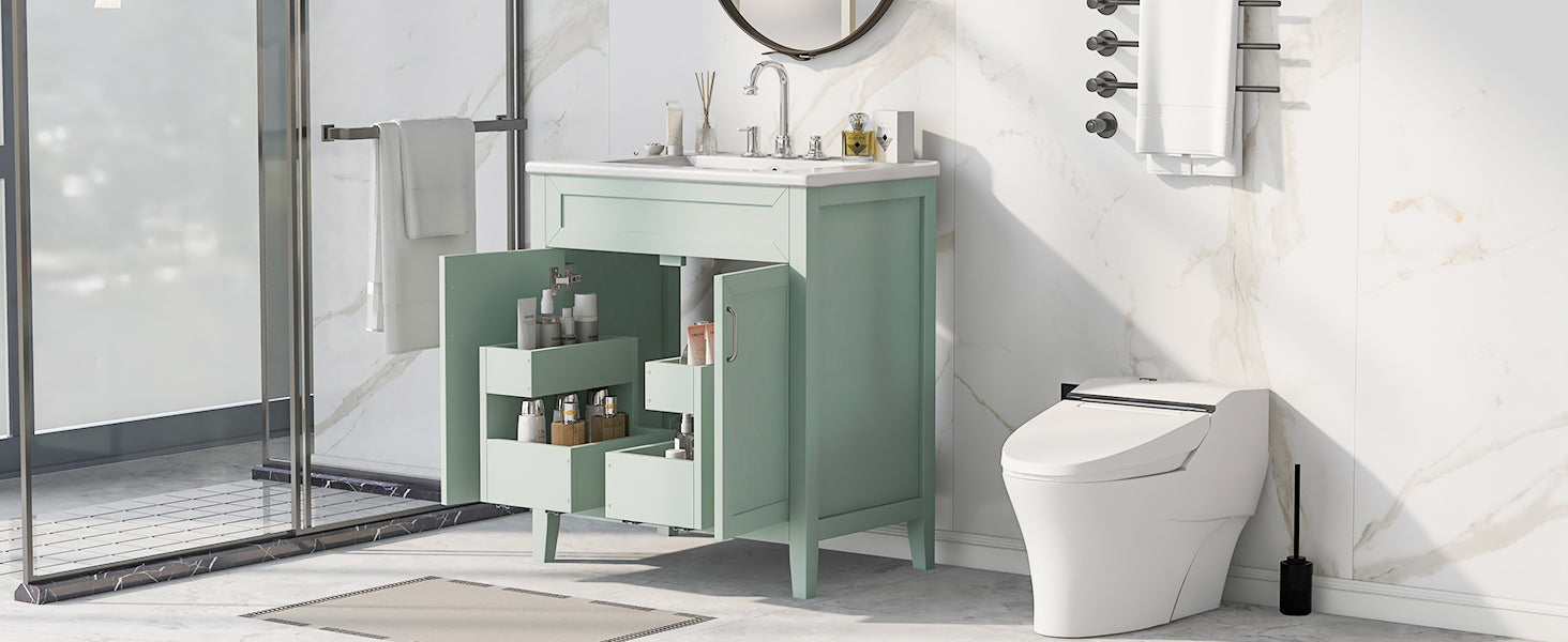 30" Bathroom Vanity With Sink, Multi Functional Bathroom Cabinet With Doors And Drawers, Solid Frame And Mdf Board, Green Green Solid Wood Mdf