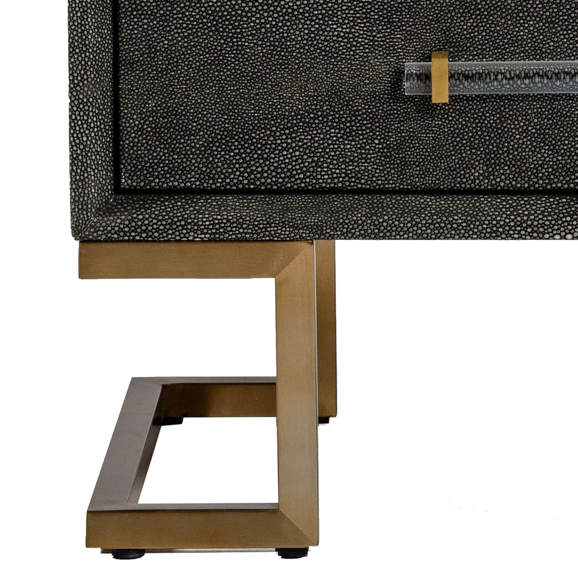 Cid Jon 24 Inch Modern Nightstand, 2 Drawers, Classic, Faux Leather, Gray Grey Gold Wood Fabric