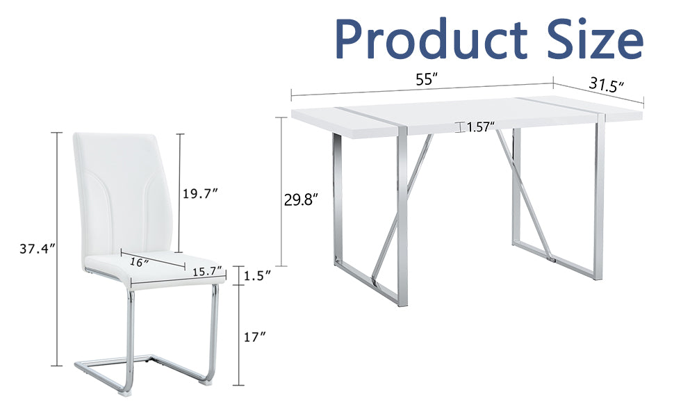 Table And Chair Set.55"X31.5" Mdf Painting Dining Table Set With 4 Pu Chairs.Showcasing A Modern And Stylish Look.Suitable For Dining Room.Mdf Painting,Iron Pipe Plating,Pu Chiairs,White. White