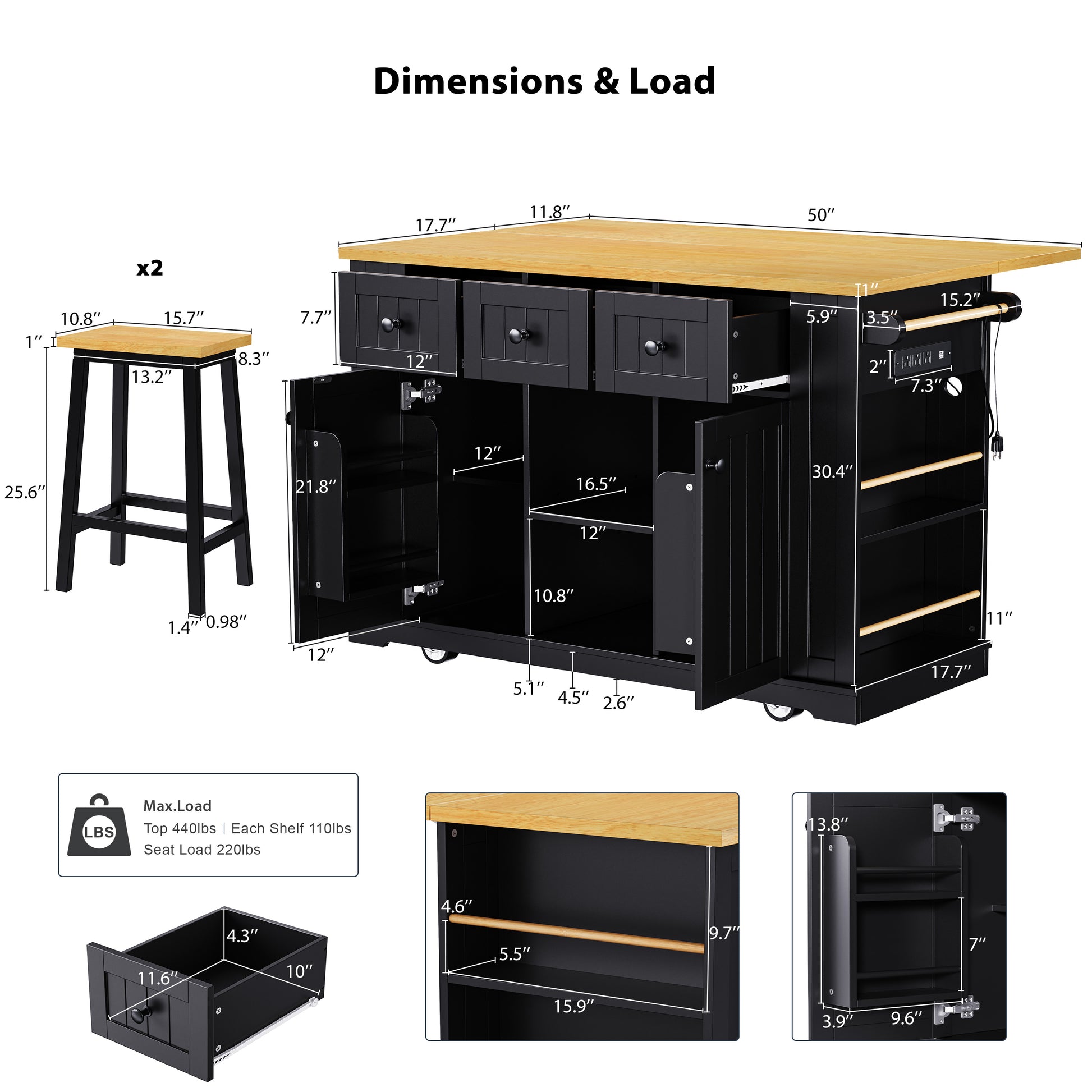 K&K 53Inch Large Kitchen Island With 2 Bar Stools, Power Outlet,Door Internal Storage Rack, Kitchen Storage Cart On 5 Wheels With Drop Leaf, 5 Open Side Racks, 3 Drawers, For Kitchen,Dining