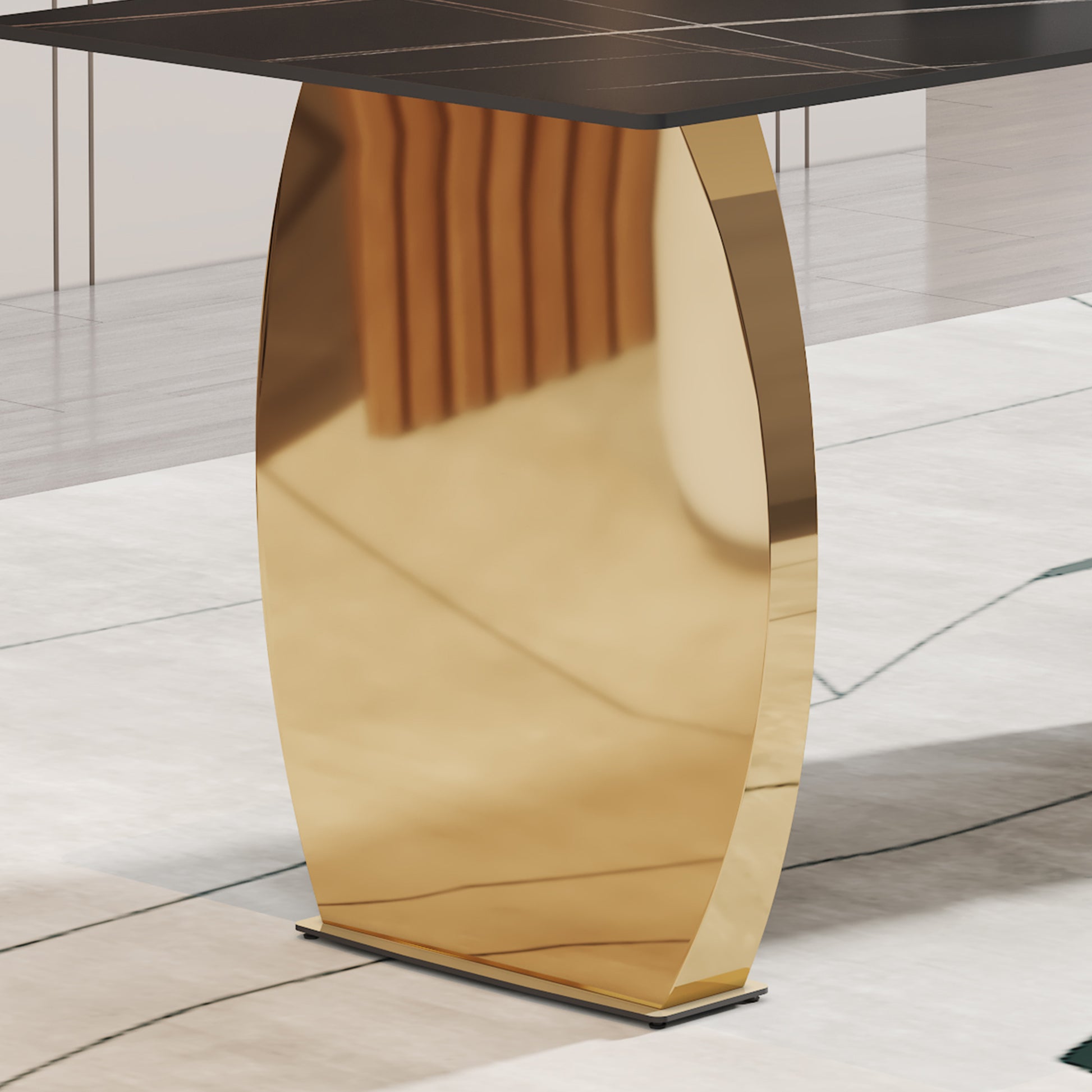 Table And Chair Set,Modern Rectangular Table With 0.4 Inch Black Patterned Tabletop And Gold Legs, Suitable For Kitchen, Dining Room, And Living Roomcomfortable Pu Seats,Perfect For Dinner, Meet Grey Black Seats 6 Sintered Stone