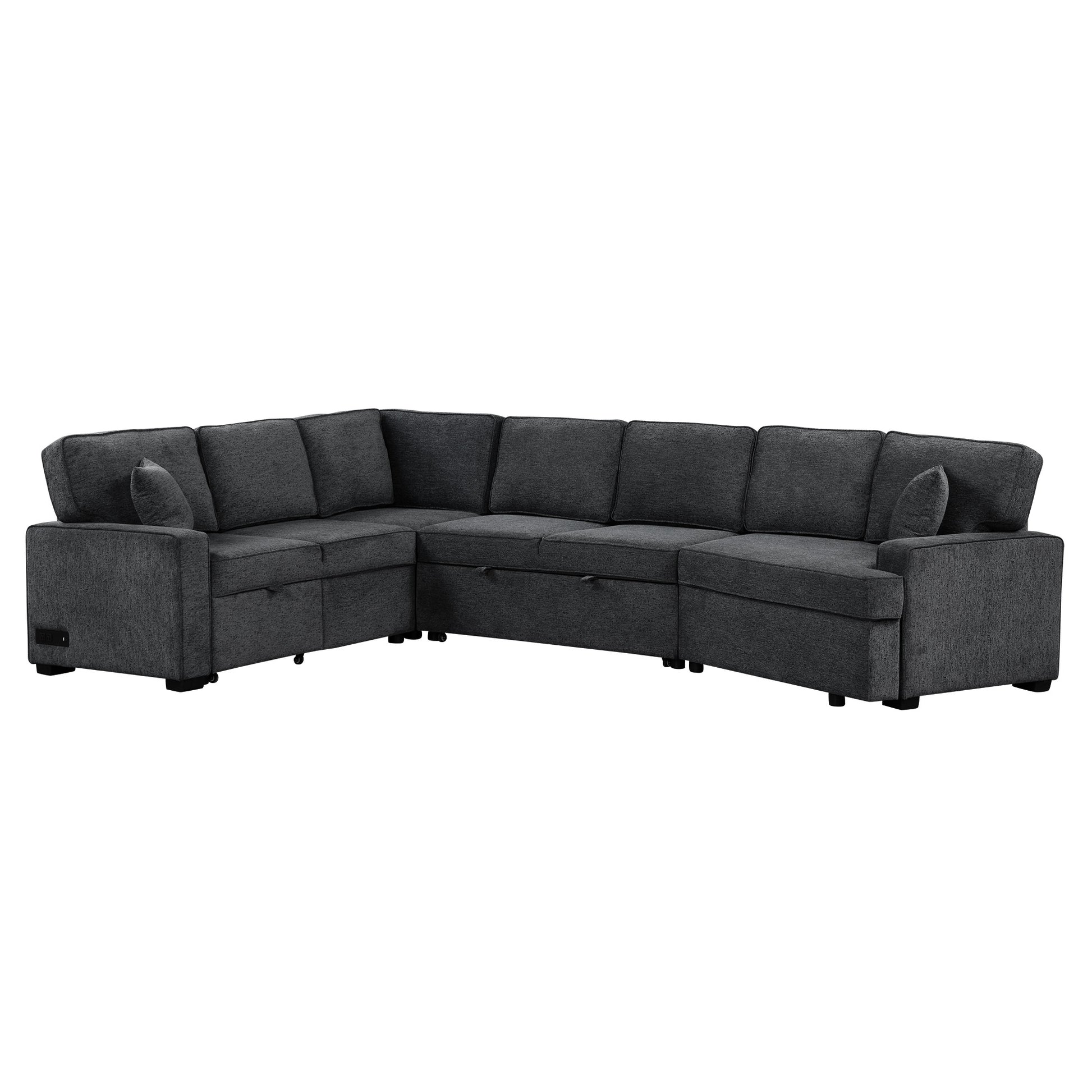 126" L Shaped Sofa Sectional Sofa Couch Pull Out Sofa Bed With Charging Devices And Cup Holders For Living Room, Blue Black Black Blue Foam Chenille 6 Seat