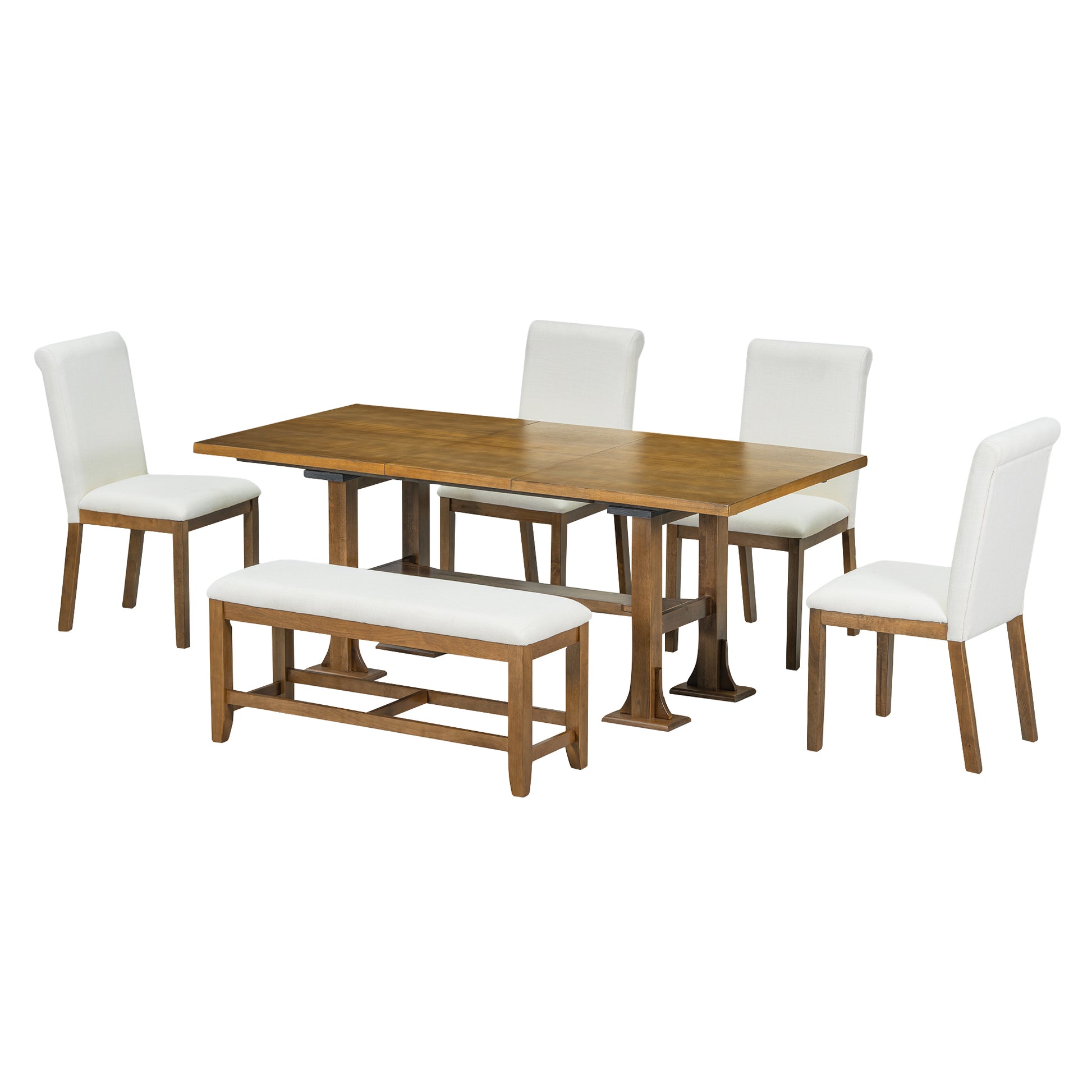 Farmhouse 76Inch 6 Piece Extendable Dining Table Set Trestle Kitchen Table Set With 18Inch Removable Leaf And Upholstered Dining Chair And Bench For Dining Room, Dark Brown Wood Dining Room Extendable Rubberwood Rectangular Dining Table With Chair And