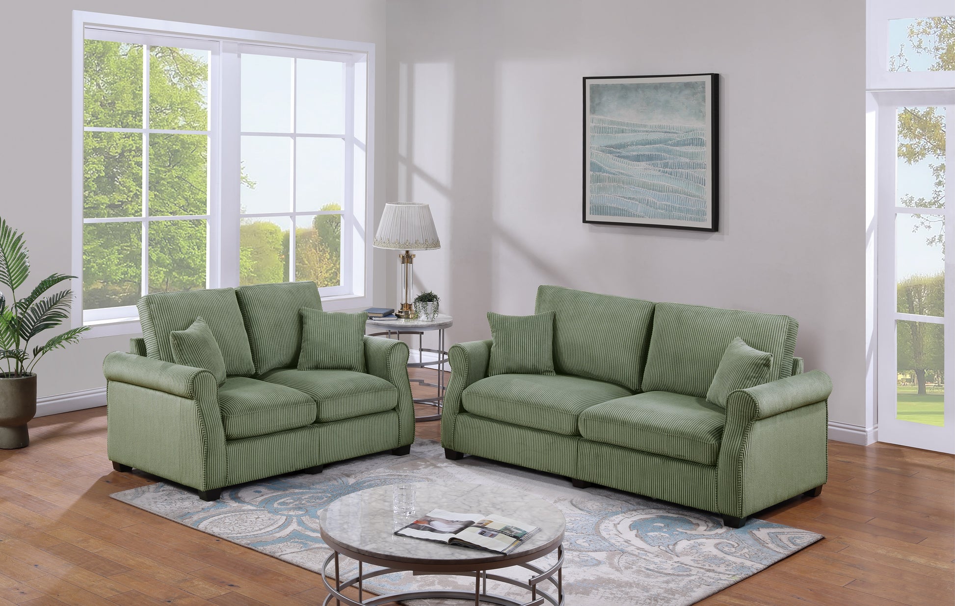 Classic Living Room 2Pc Sofa Set Sage Color Corduroy Sofa Loveseat W Pillows Square Arms Plush Couch Sage Primary Living Space Cushion Back Classic,Contemporary,Modern Rubberwood Rolled Arms Corduroy 4 Seat