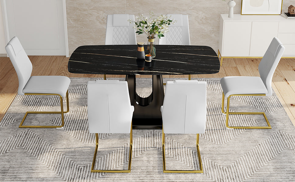 Table And Chair Set, Minimalist Dining Table, Imitation Marble Patterned Glass Tabletop, Mdf Legs With U Shaped Brackets. Paired With Comfortable Chairs, Suitable For Dining And Living Rooms. Black Gold Mdf Glass