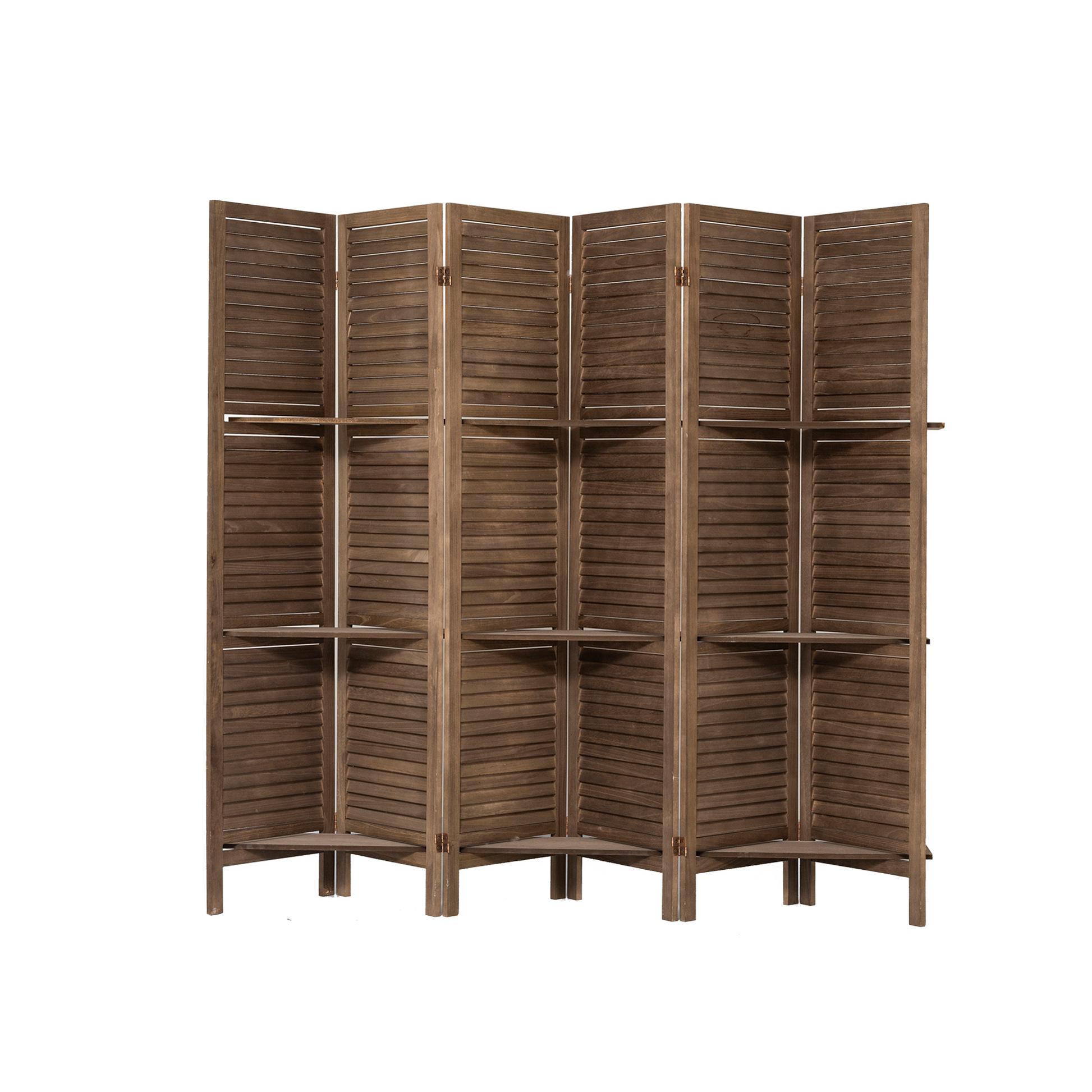 Room Divider 6 Panel, Wood Folding Room Divider Screen, Room Divider With Shelves And Easy Move Partition, Freestanding Room Screen Divider With Display Shelves Dark Brown Dark Brown Classic Wood