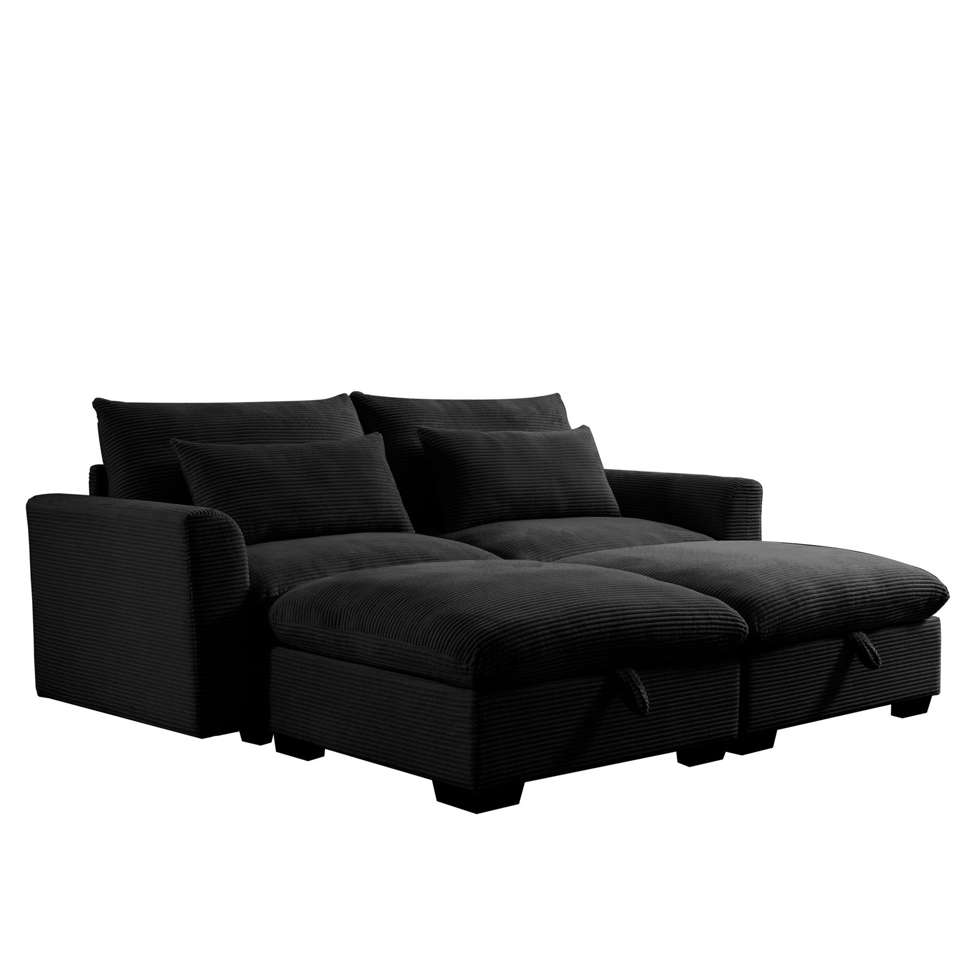 Corduroy Two Seater Sofa With 2 Storage Footrest,2 Seater Sectional Deep Seat Sofa,Comfy Couches For Living Room,Black Sofa Black Corduroy 2 Seat