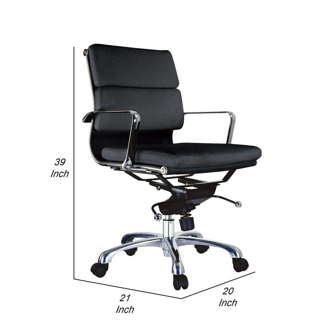Elle 20 Inch Low Back Swivel Office Chair, Cushioned, Rolling Wheels, Black Black And Silver Fabric Metal
