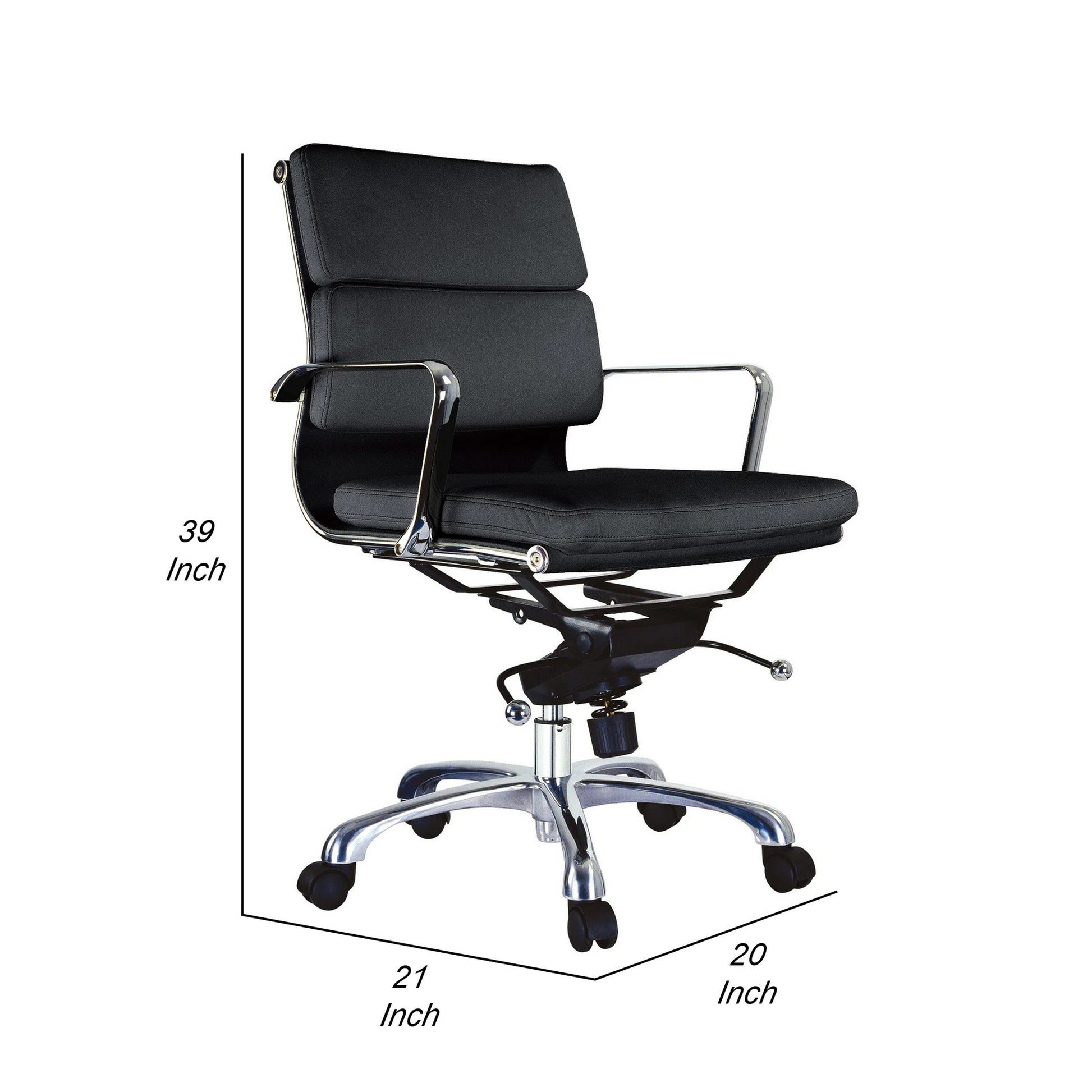 Elle 20 Inch Low Back Swivel Office Chair, Cushioned, Rolling Wheels, Black Black And Silver Fabric Metal