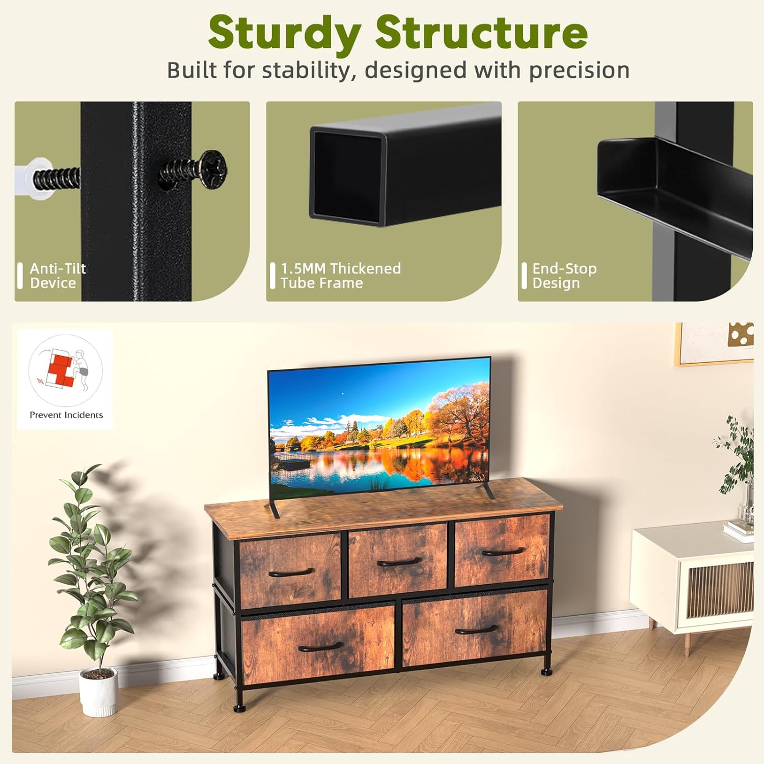 5 Drawers Dresser For Bedroom, Kidsroom Furniture, Wide Chest Of Drawers, Storage Organizer Units With Fabric Bins For Closet, Metal Frame, Waterproof Wood Top, Adjustable Feet, Rust Rust Wood