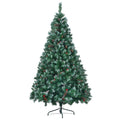 6Ft Dark Green Pine Christmas Tree, Pre Lit Set With Tree & Garland & Wreath, Hinged Artificial Xmas Tree With White Tips, Red Berries And Pine Cones, 11 Colorful Modes, Indoor Holiday Decoration Green Pvc