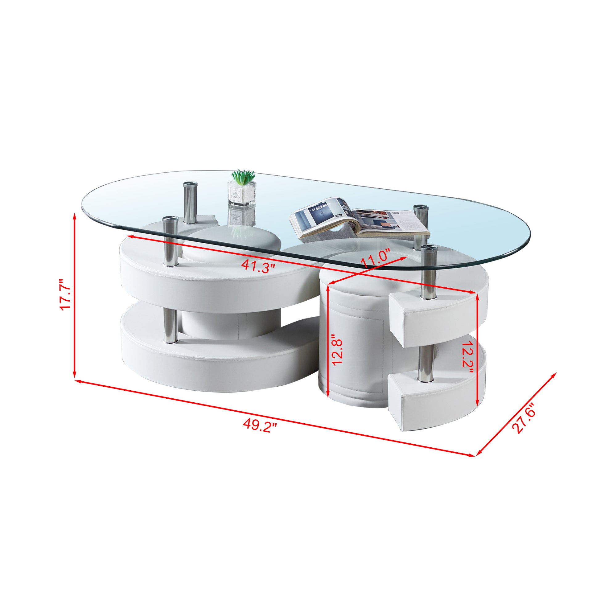 3 Pieces Coffee Table Set, Oval 10Mm 0.39" Thick Tempered Glass Table And 2 Leather Stools White Tempered Glass