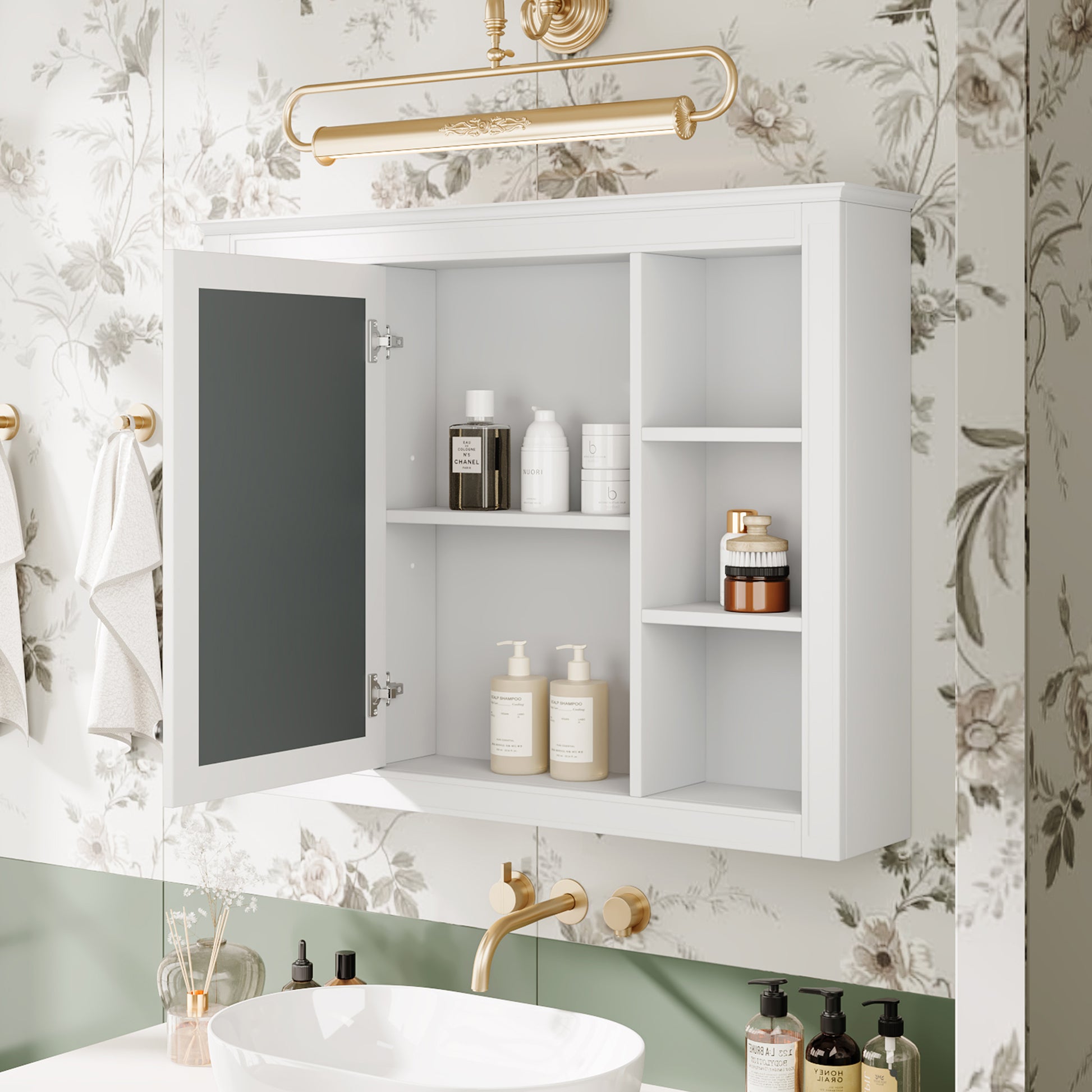 35'' X 27.5'' Medicine Cabinet, Wall Mounted Bathroom Storage Cabinet, Modern Bathroom Wall Cabinet With Mirror, Mirror Cabinet With 6 Open Shelves Not Include Bathroom Vanity White 1 5 Mirror