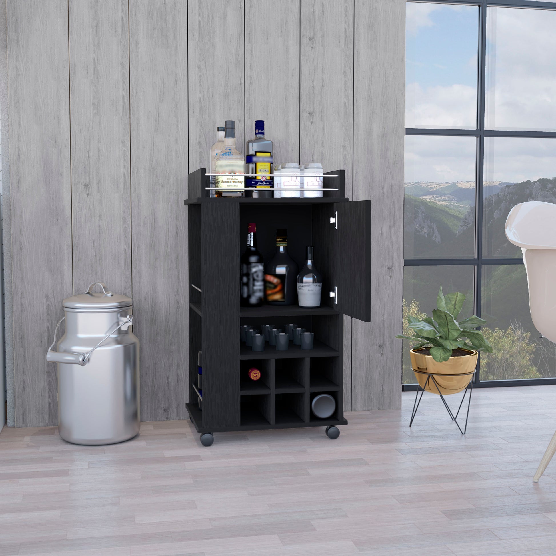 Fargo Bar Cart With Cabinet, 6 Built In Wine Rack And Casters Black Primary Living Space Modern Particle Board Open Storage Engineered Wood