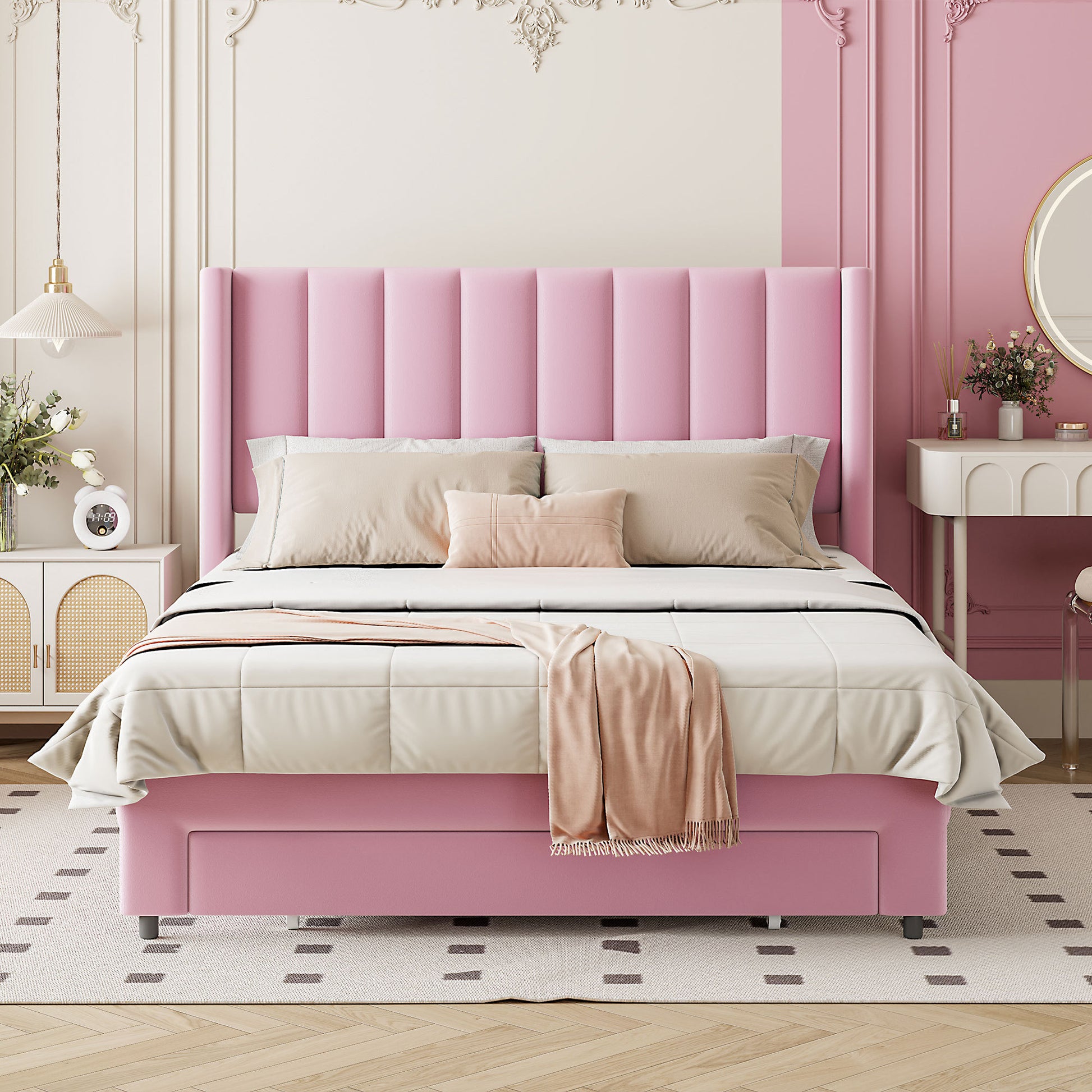 Full Size Storage Bed Velvet Upholstered Platform Bed With A Big Drawer Pink Old Sku:Wf296850Aah Full Pink Velvet