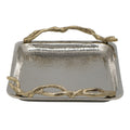 16 Inch Rectangular Decorative Tray, Branch Design Handles, Silver, Gold Silver Aluminium