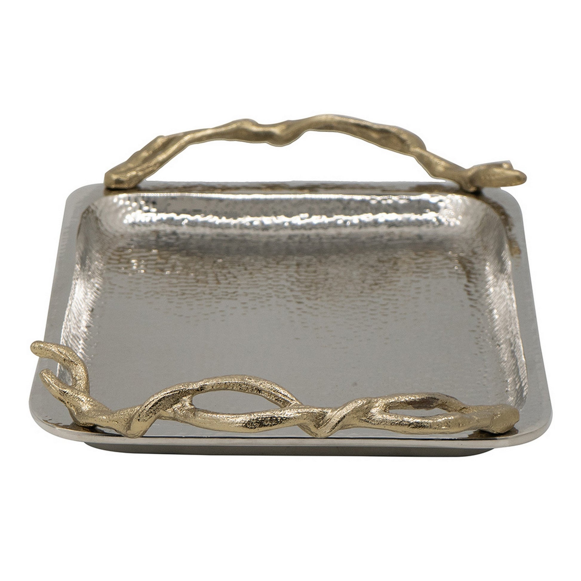 16 Inch Rectangular Decorative Tray, Branch Design Handles, Silver, Gold Silver Aluminium