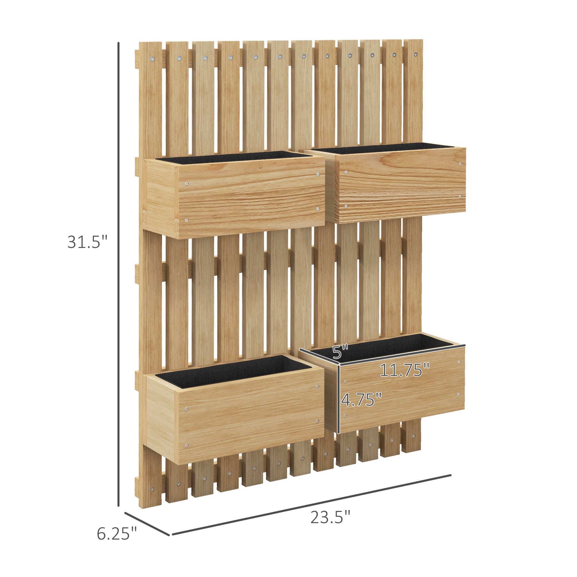 Outsunny 4 Box Raised Garden Bed With Trellis For Vine Flowers & Climbing Plants, 31.5" Tall Wall Mounted Wood Planter Box Set With Adjustable Height, Drainage Hole, Natural Natural Wood