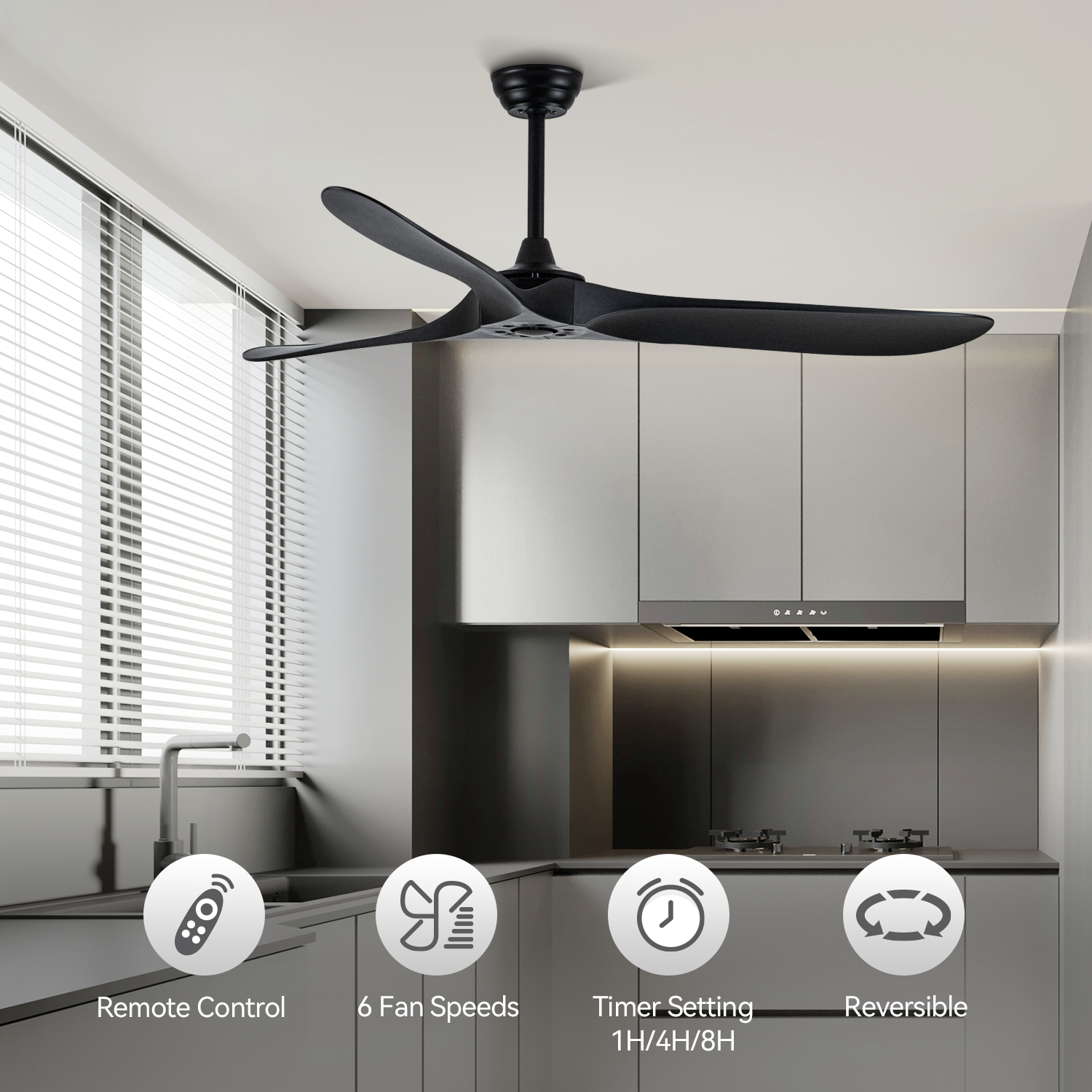 60 Inch Ceiling Fan With Remote Control Timed Lighting, Reversible Airflow And Quiet Operation For Living Room & Bedroom & Outdoor Black Modern Abs