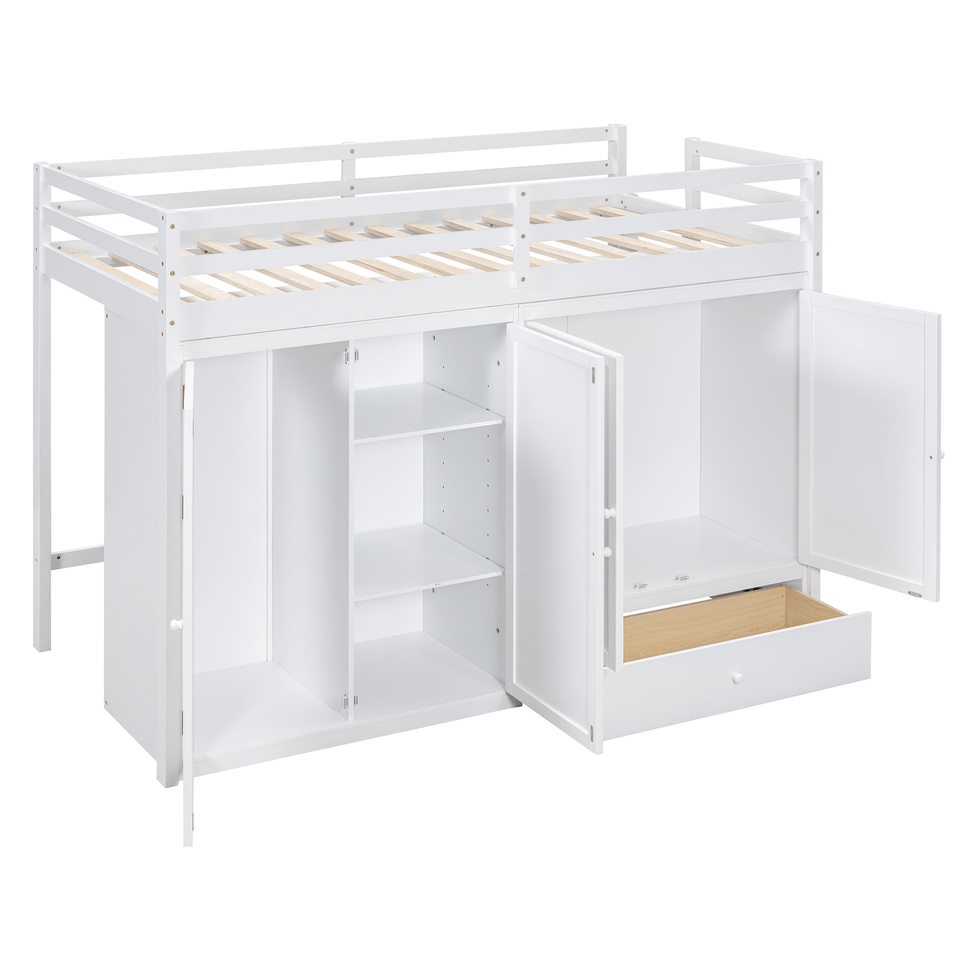 Twin Size Loft Bed With Drawer, Two Wardrobes And Mirror, White White Solid Wood Mdf