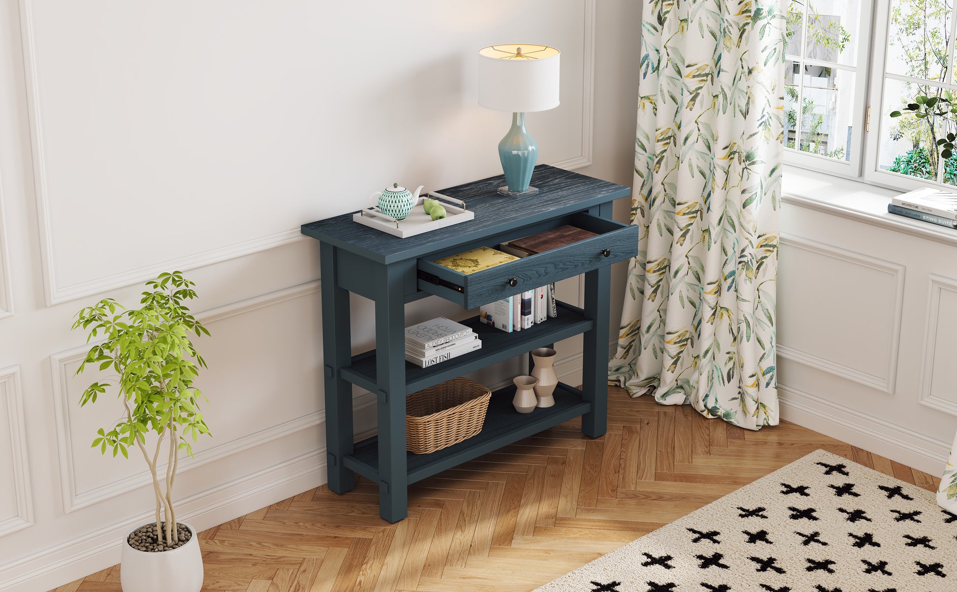 Retro Console Table With Drawer And Two Sturdy Shelves For Entryway, Living Room Navy Navy Mdf,Rubber Wood