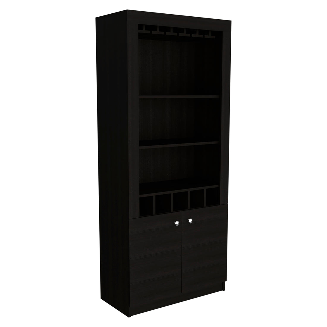 Montenegro Bar Cabinet, Double Door Cabinet, Five Built In Wine Rack, Three Shelves Black Black Particle Board