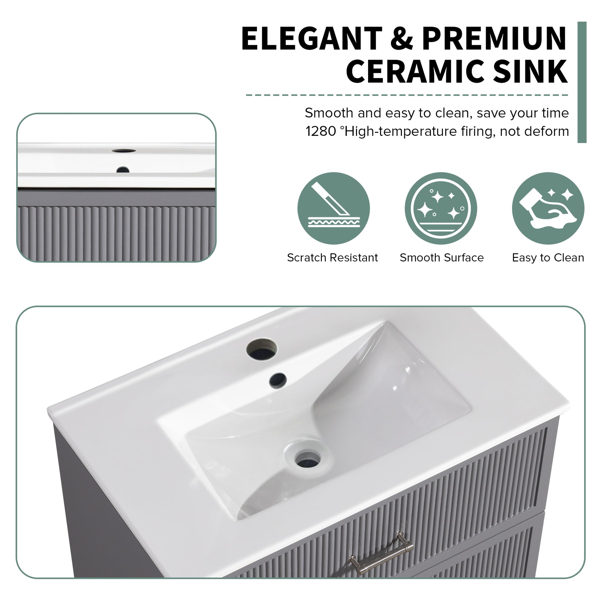 30 Inch Bathroom Vanity With Ceramic Sink Combo Set, Modern Freestanding Bathroom Storage Cabinet With 2 Drawers, Floor Standing Bath Vanity, Gray Grey Mdf