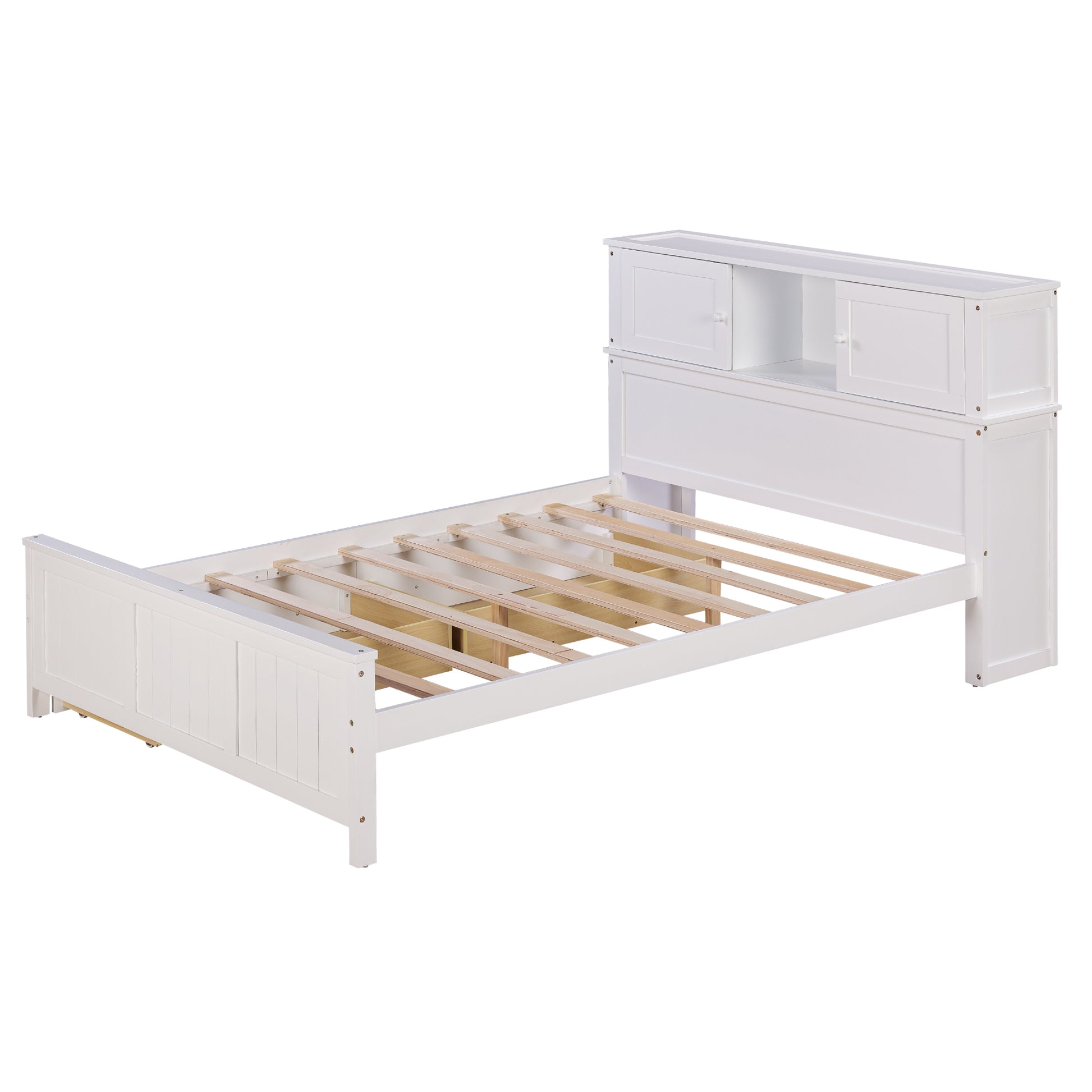 Full Size Platform Bed With Storage Headboard And Sliding Door,2 Drawers, White Full White Solid Wood Mdf