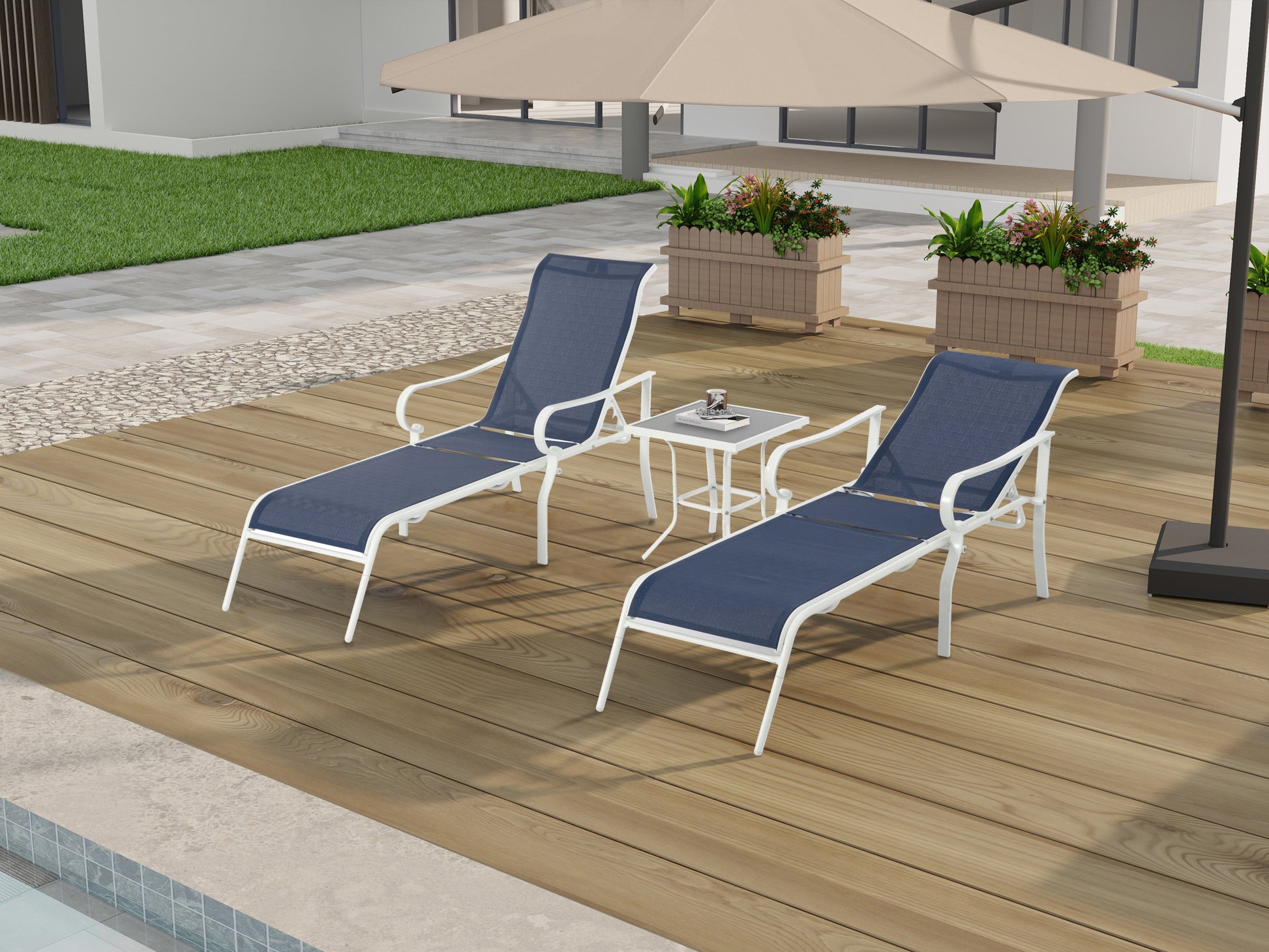 3 Pack Patio Lounge Chair, Outdoor Chaise Lounge With 5 Adjustable Backrest, Sturdy Steel Frame, Sunbathing Recliner, Beach Chair, Tanning Chair For Outside, Yard, Balcony, Pool Chairs,White Blue