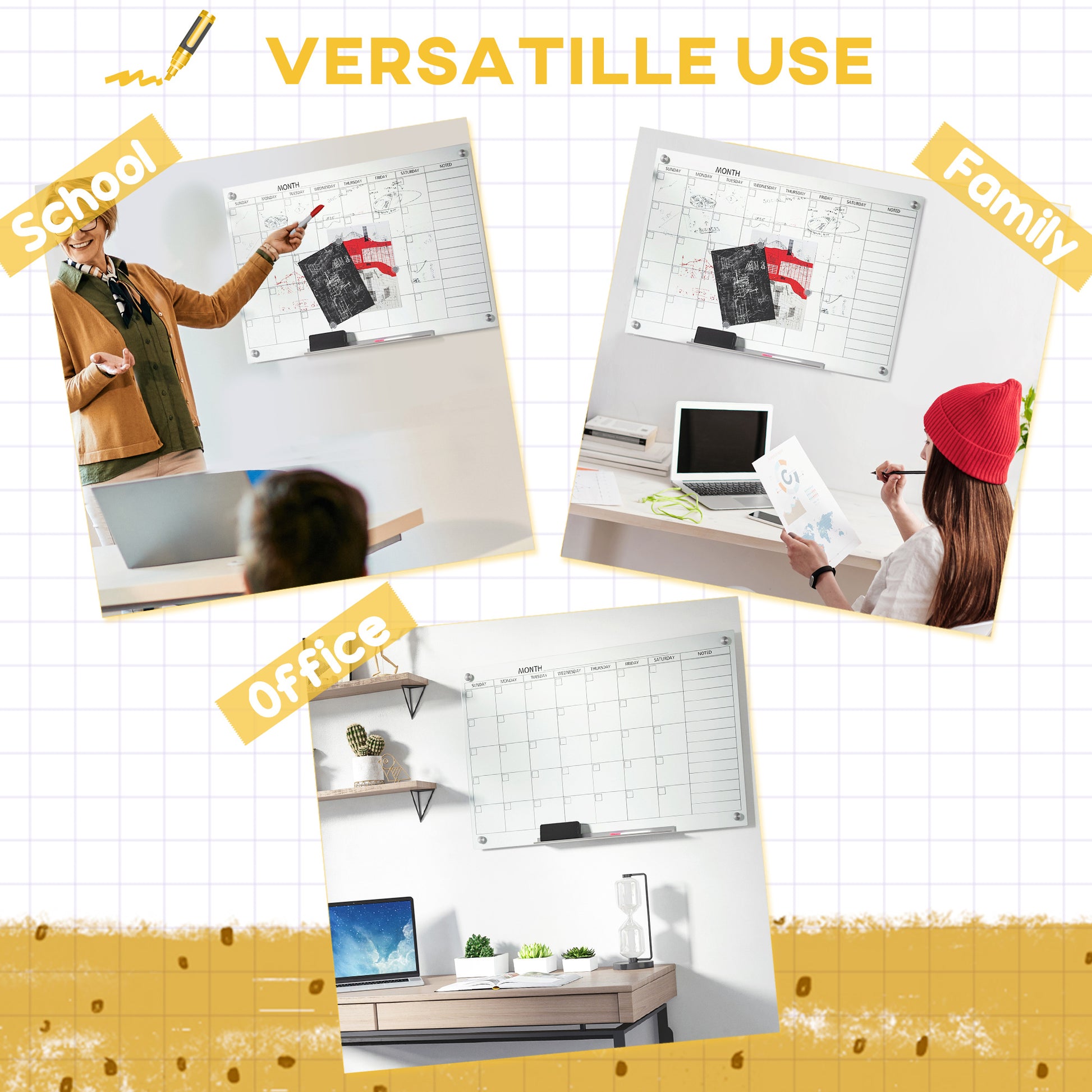 Vinsetto 35"X23" Dry Erase Wall Calendar Glass Whiteboard Monthly Planner For Homeschool Supplies & Home Office Organization With 4 Markers And 1 Eraser,Frameless White Glass