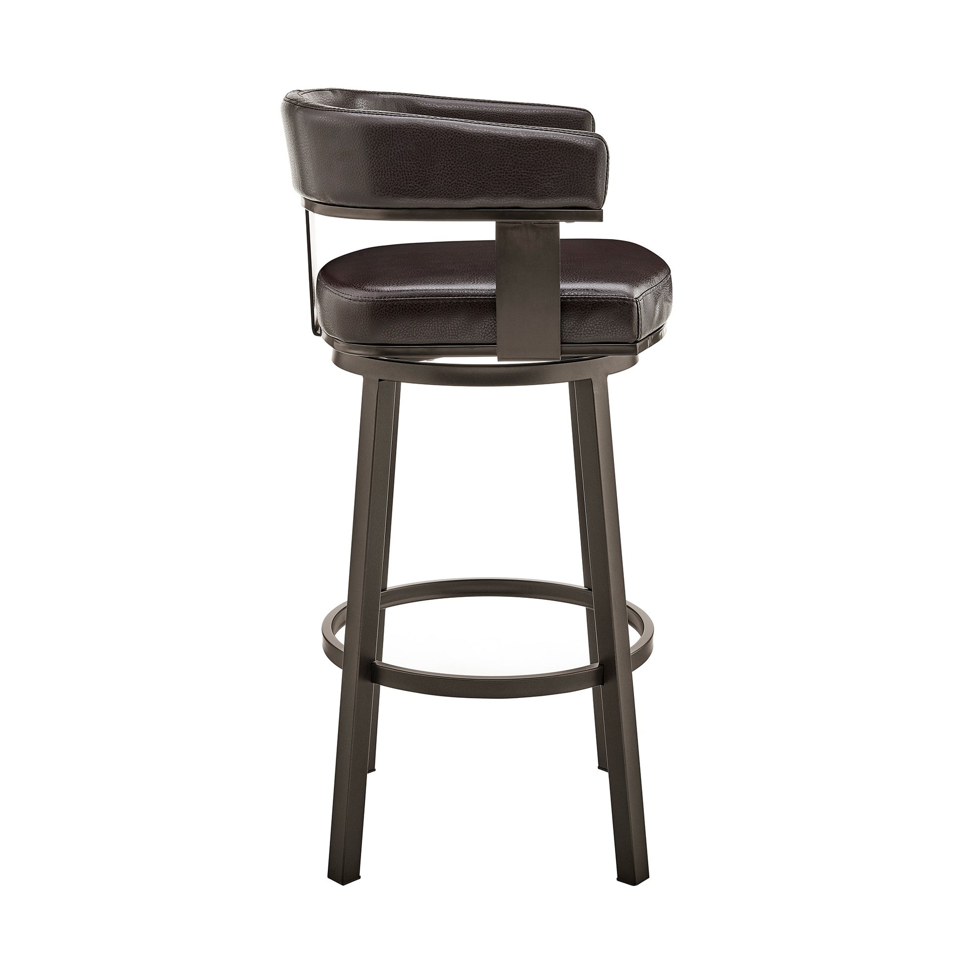 Jack 26 Inch Counter Height Bar Stool, Swivel Chair, Faux Leather, Brown Black Metal