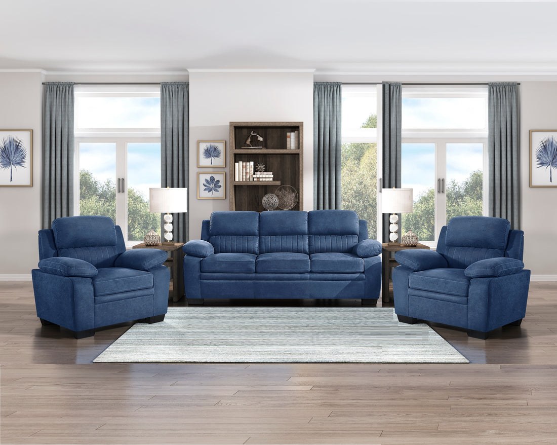 Modern Living Room 3Pc Sofa Set Plush Comfort Sofa And Two Chair Set Blue Textured Fabric Channel Tufting Solid Wood Furniture Blue Polyester Wood Primary Living Space Contemporary Pillow Top Arms Solid Wood 5 Seat