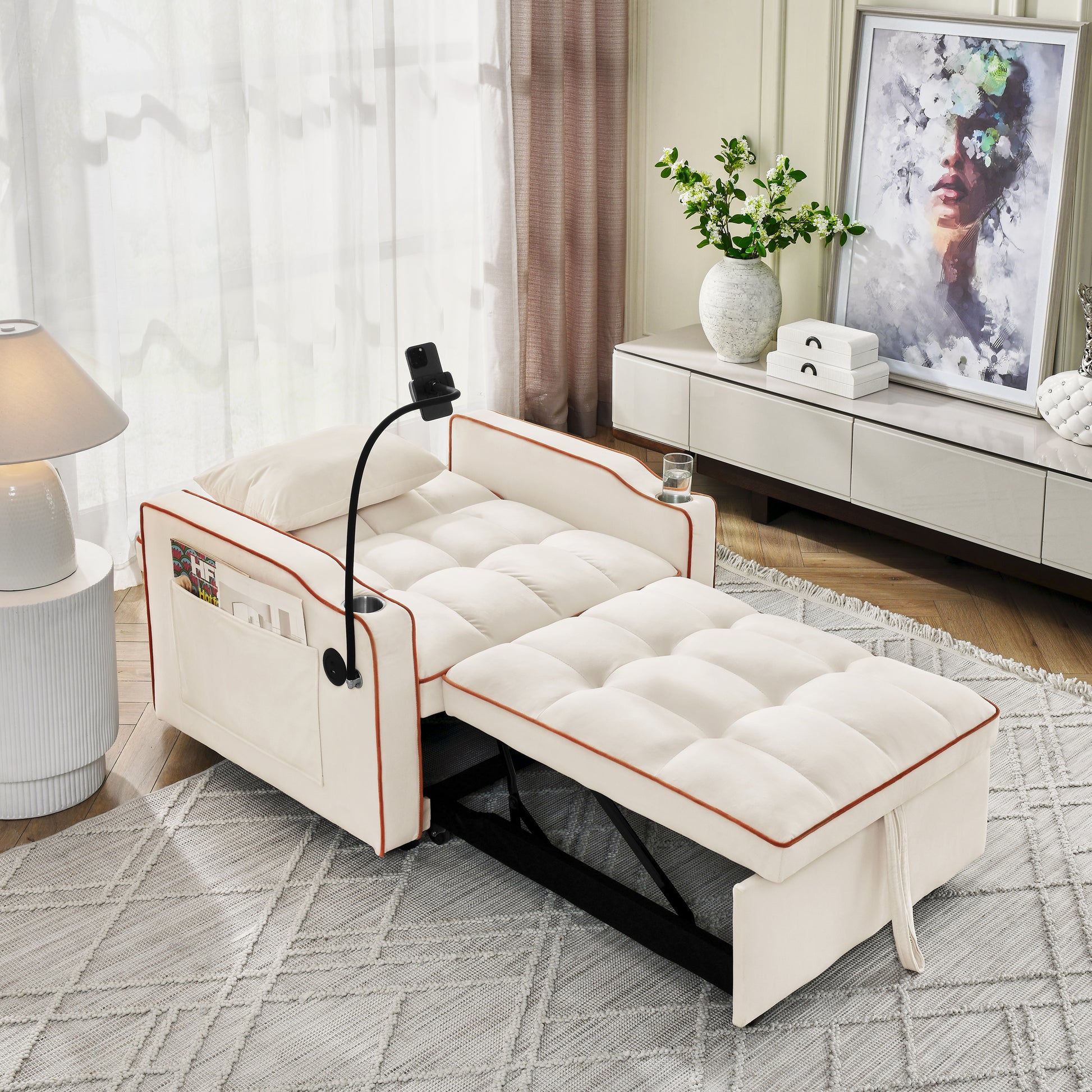 Convertible Sleeper Chair Sofa Bed Adjustable Pull Out Sleeper Chair Bed Multi Pockets Folding Sofa Bed For Living Room Bedroom Small Space,3 In 1 Sofa Bed Twin Beige Primary Living Space American Design Velvet Velvet