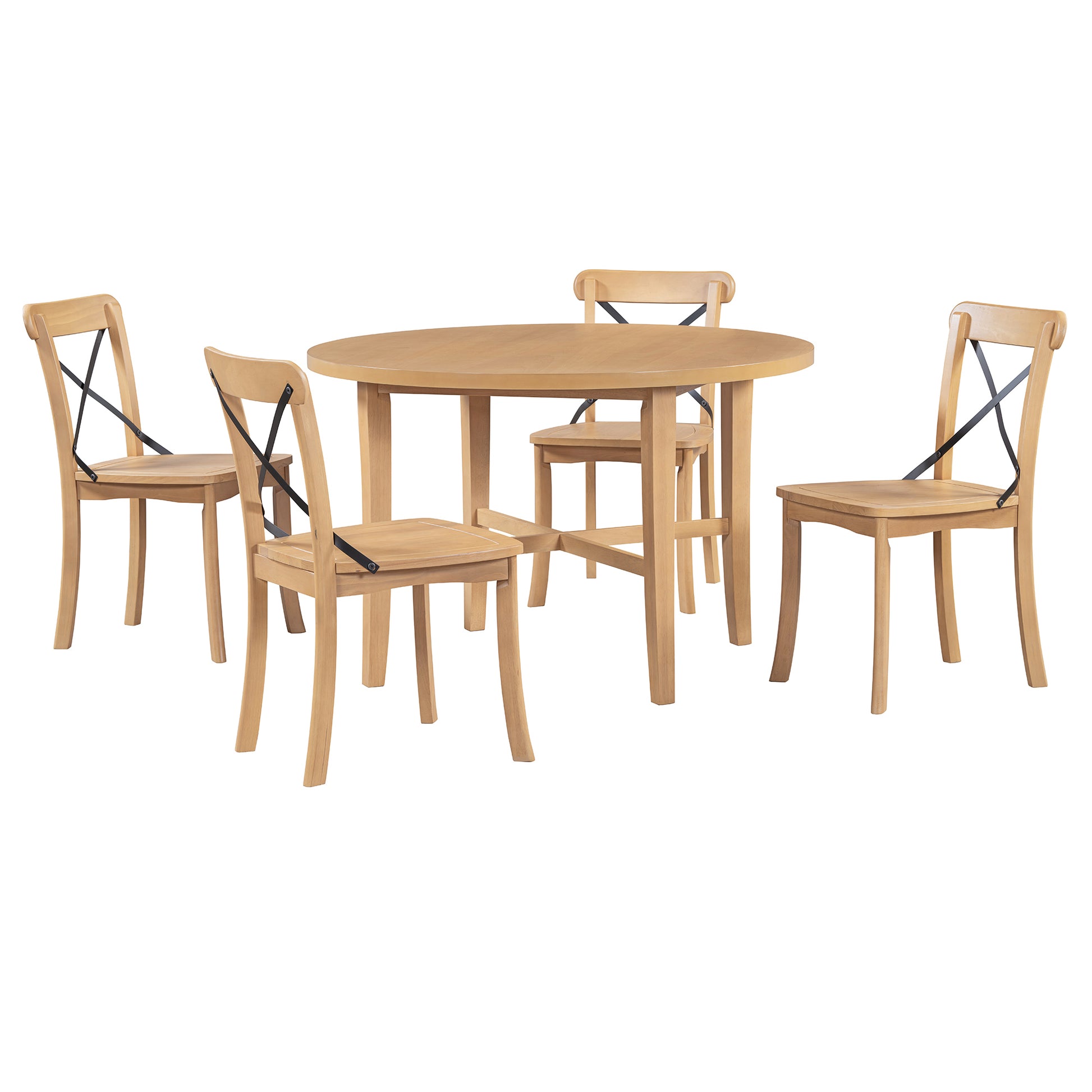 5 Piece Dining Set, Retro Simple Round Table And 4 Chairs With X Shaped Backrest For Kitchen, Dining Room And Living Room Natural Natural Rubber Wood