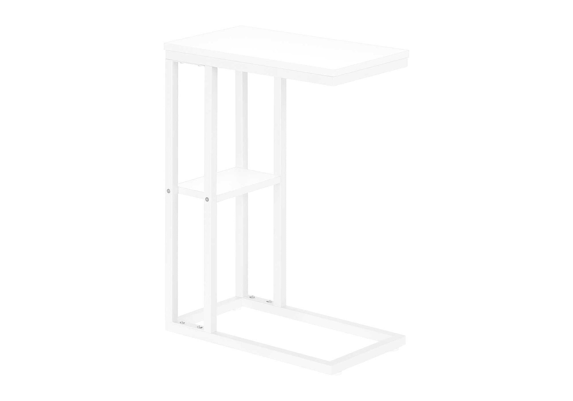 Accent Table, C Shaped, End, Side, Snack, Living Room, Bedroom, White Laminate, White Metal, Contemporary, Modern White Particle Board