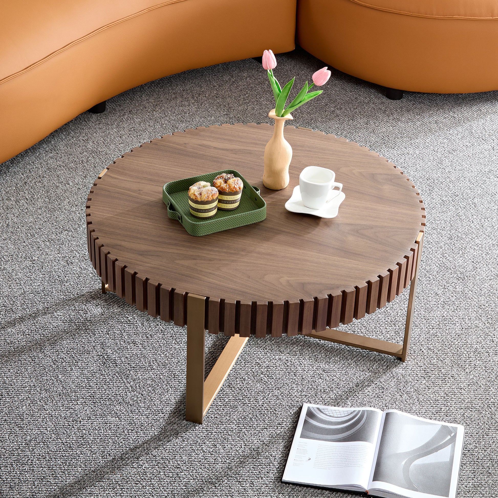Modern Handcraft Drum Coffee Table 31.5 Inch Round Coffee Table For Living Room,Small Coffee Table With Sturdy Pedestal,Walnut Walnut Mdf Metal