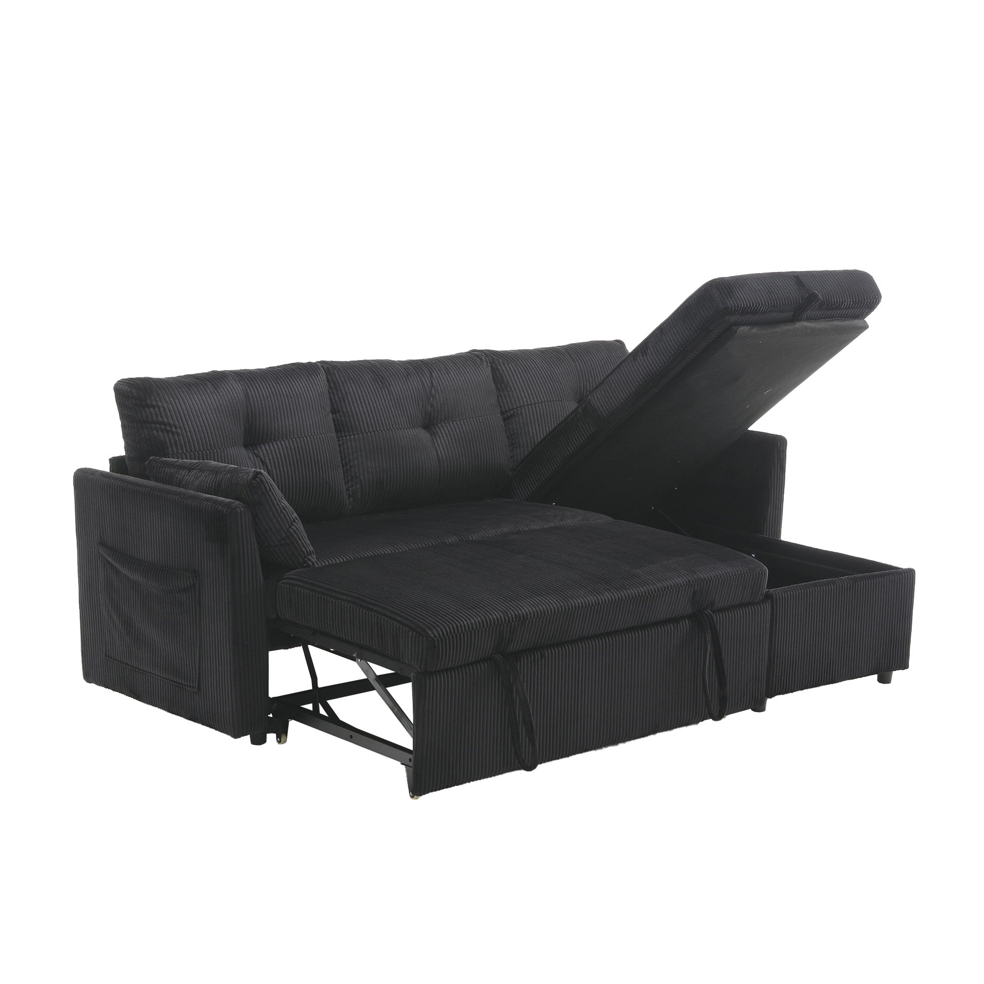 United We Win Furniture, Modular L Shaped Sofa, Modular Long Sofa With Reversible Chaise Lounge, Sofa Bed, Sleeper Sofa, Modular Sofa Combination With Storage Seats. Black Velvet 3 Seat